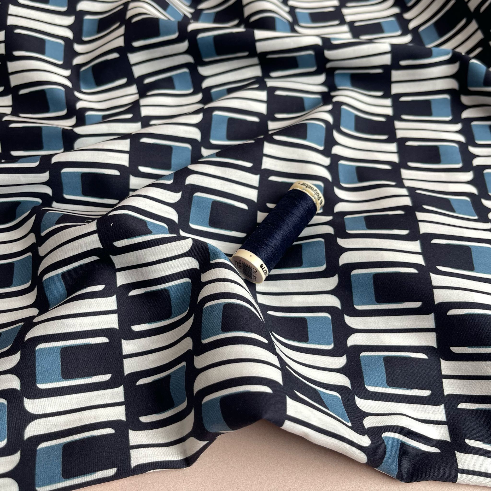 Deadstock Navy and Blue Geo Cotton Sateen Fabric