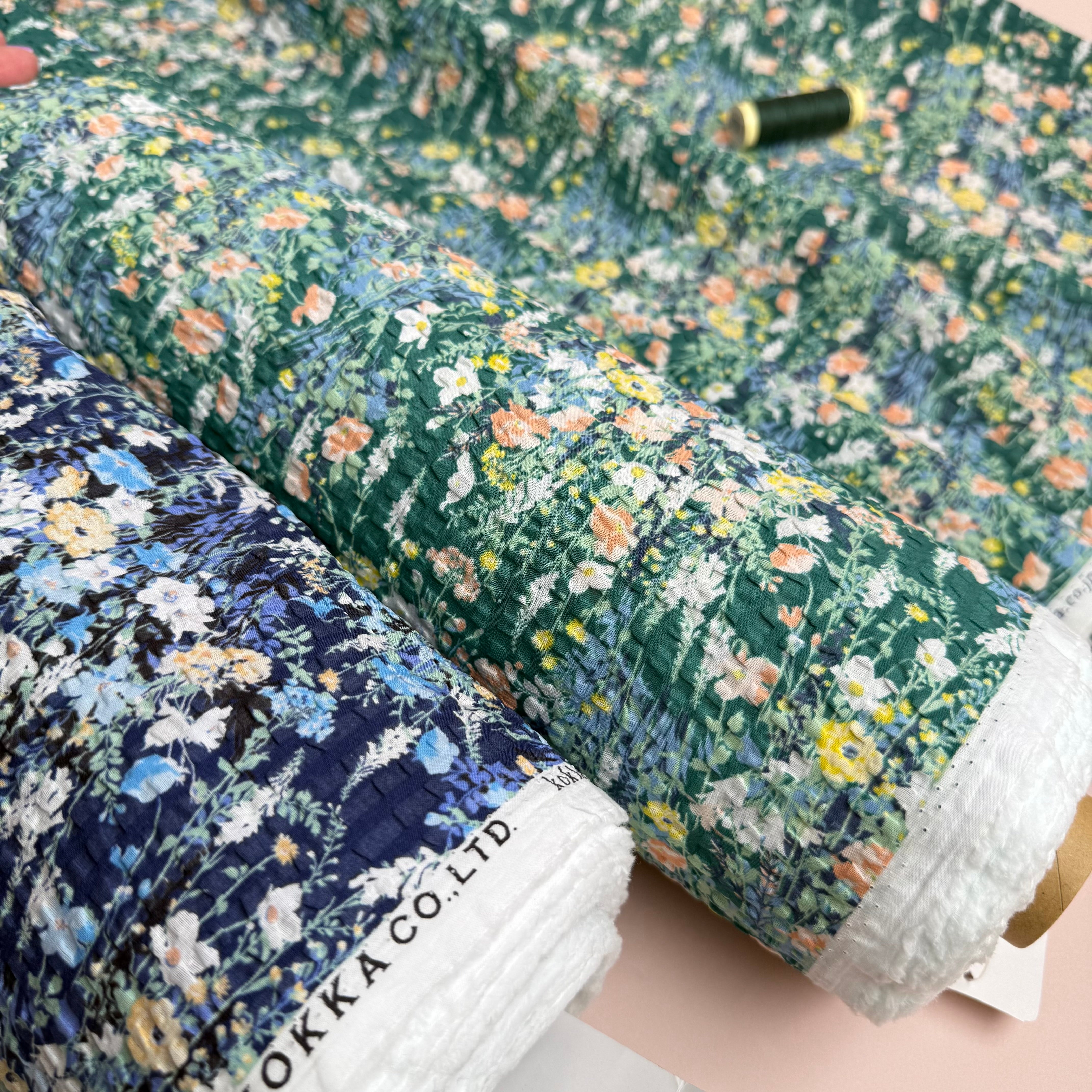 Kokka - Dainty Floral in Green Japanese Cotton Seersucker