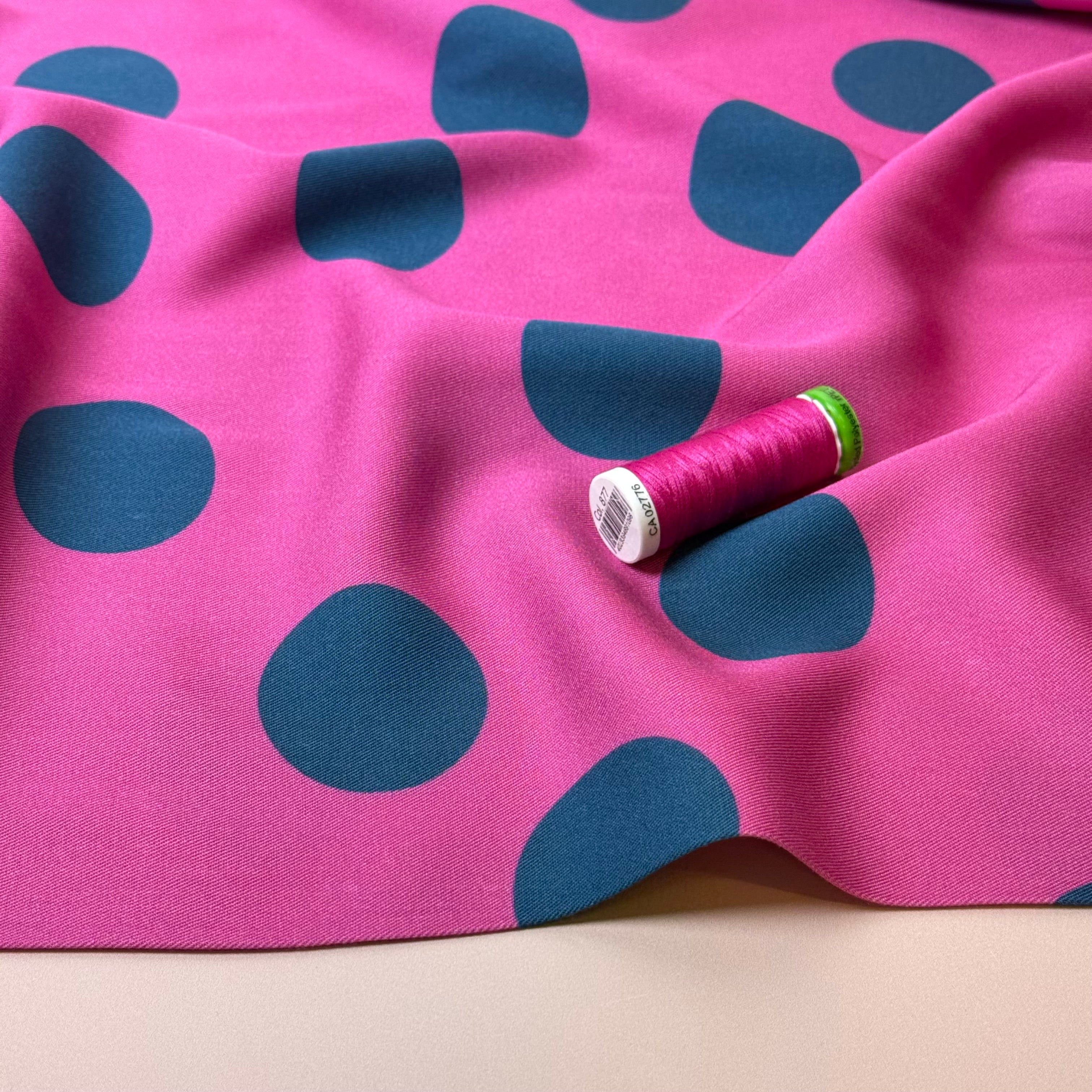 Light & Lush - Large Polka Dots in Blue on Pink Viscose Twill Fabric
