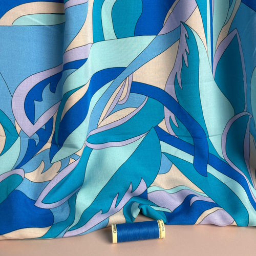Abstract Ocean in Turquoise Viscose Poplin Fabric