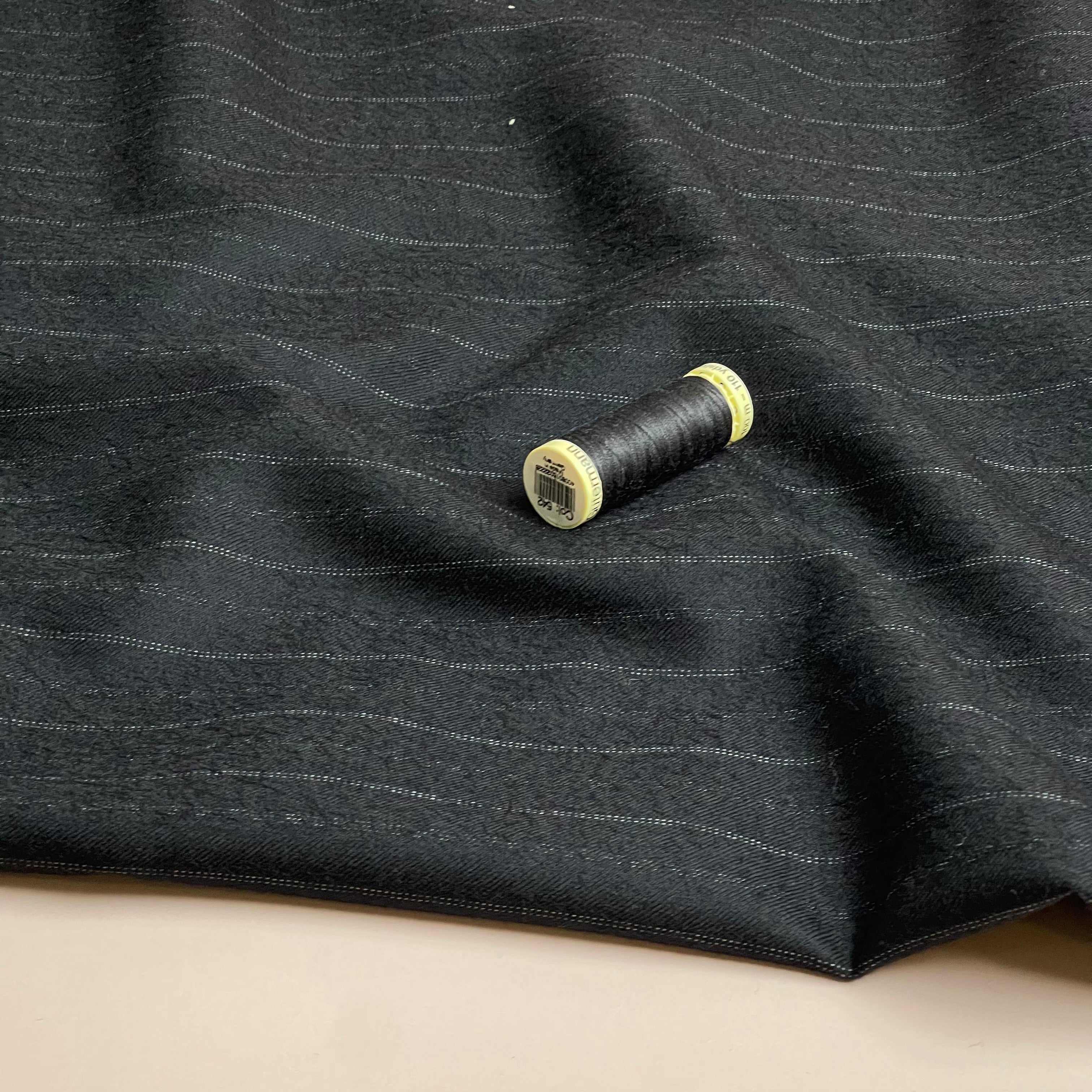 Deadstock Pinstripe Black Pure Wool Suiting Fabric