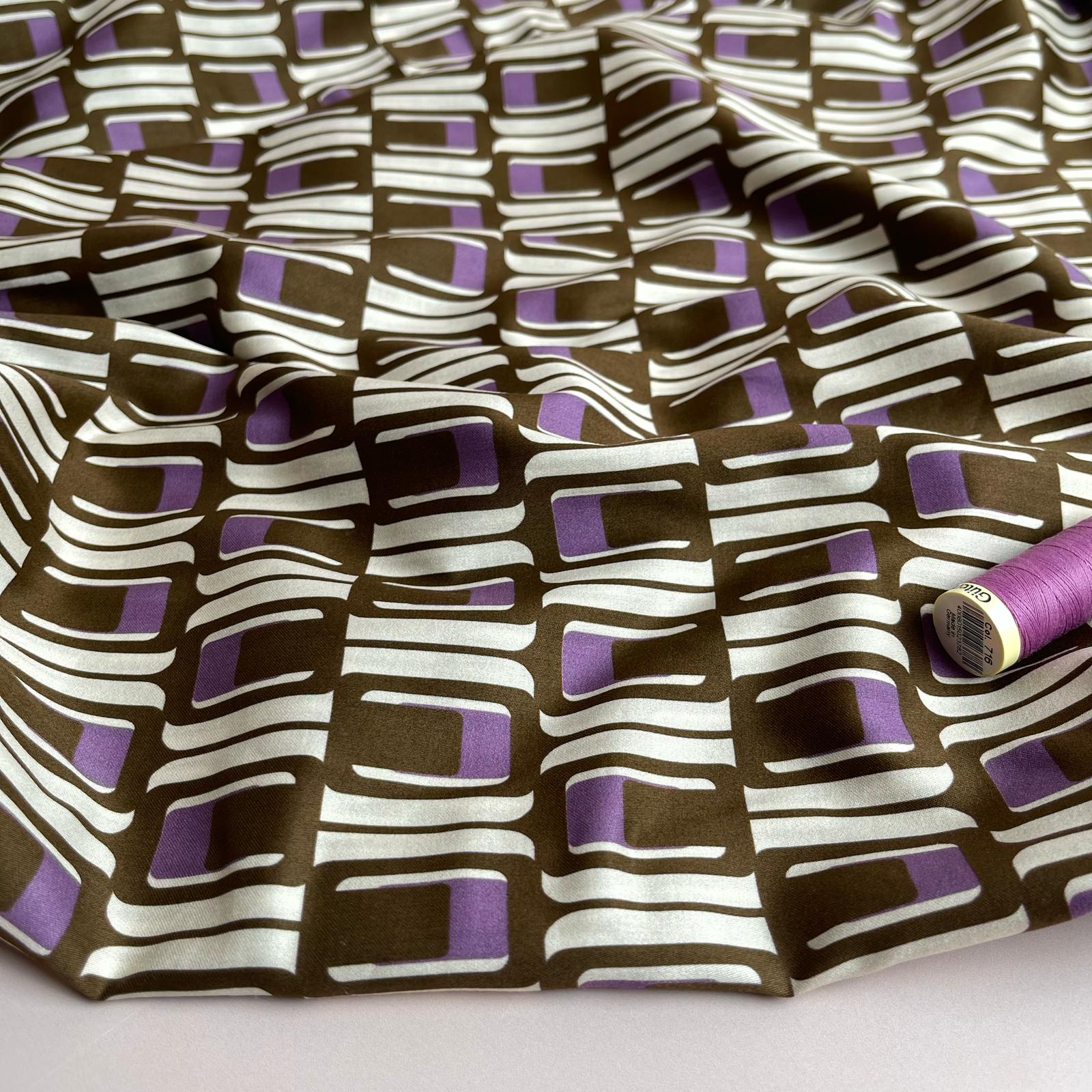 Deadstock Brown and Purple Geo Cotton Sateen Fabric