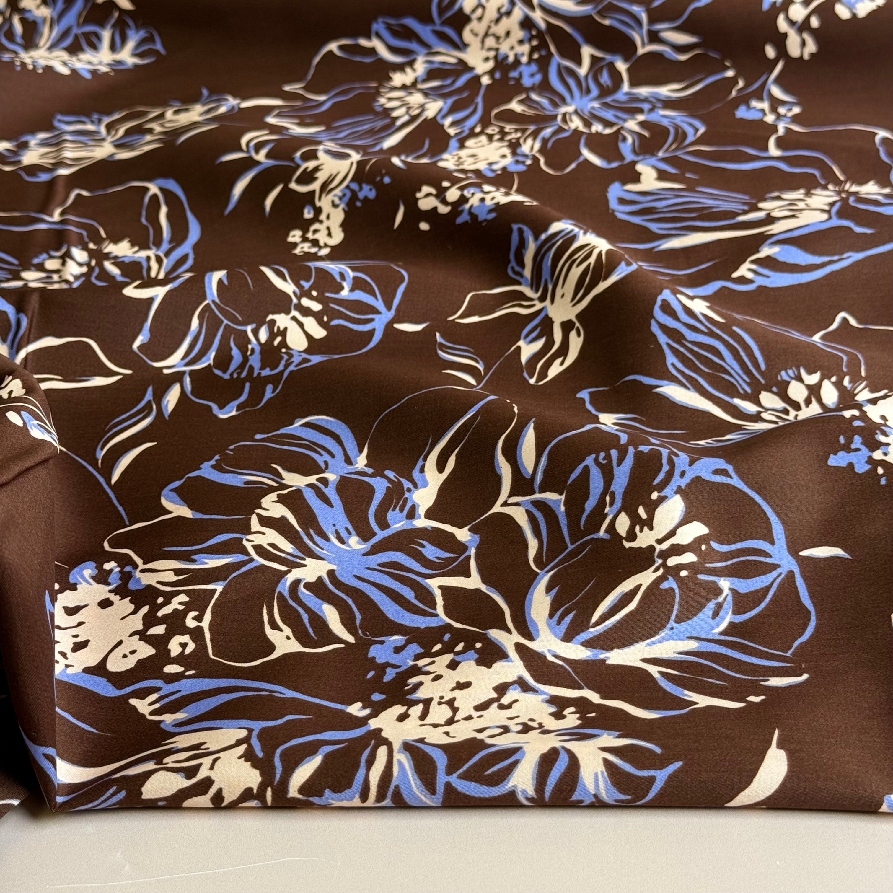 Line Flowers on Brown Cotton Sateen Fabric