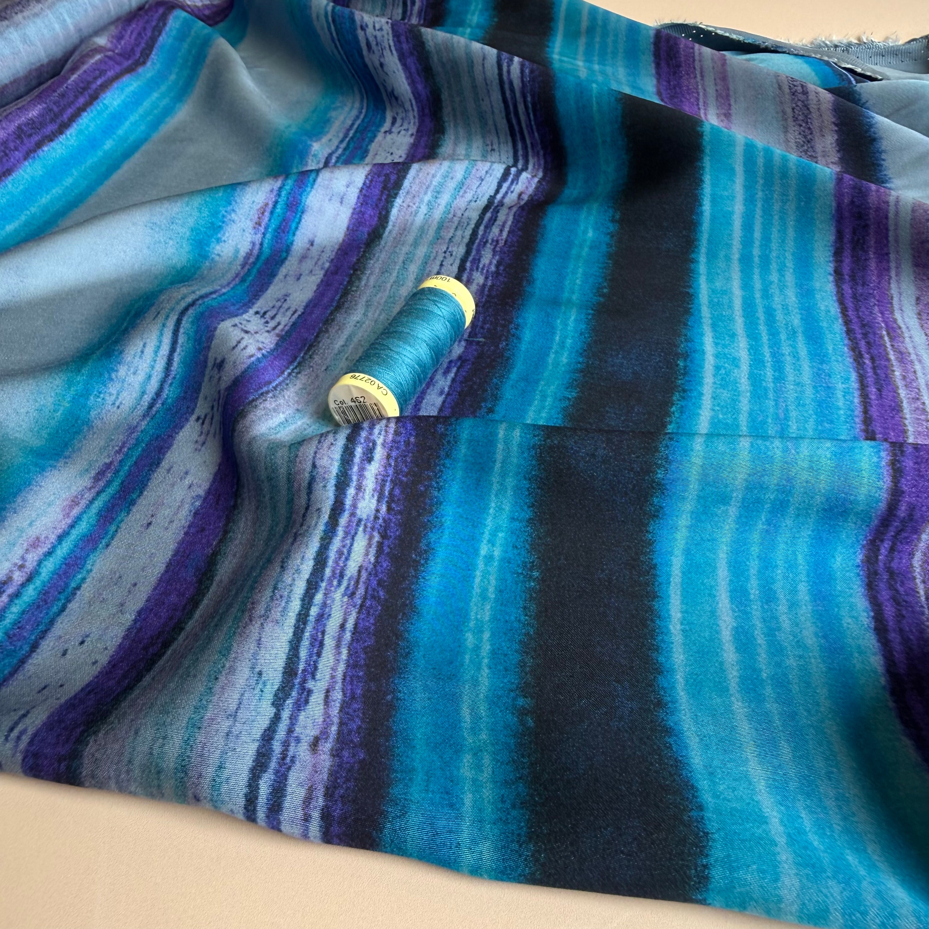 Hazy Horizontal Stripes Ocean Viscose Sateen Fabric