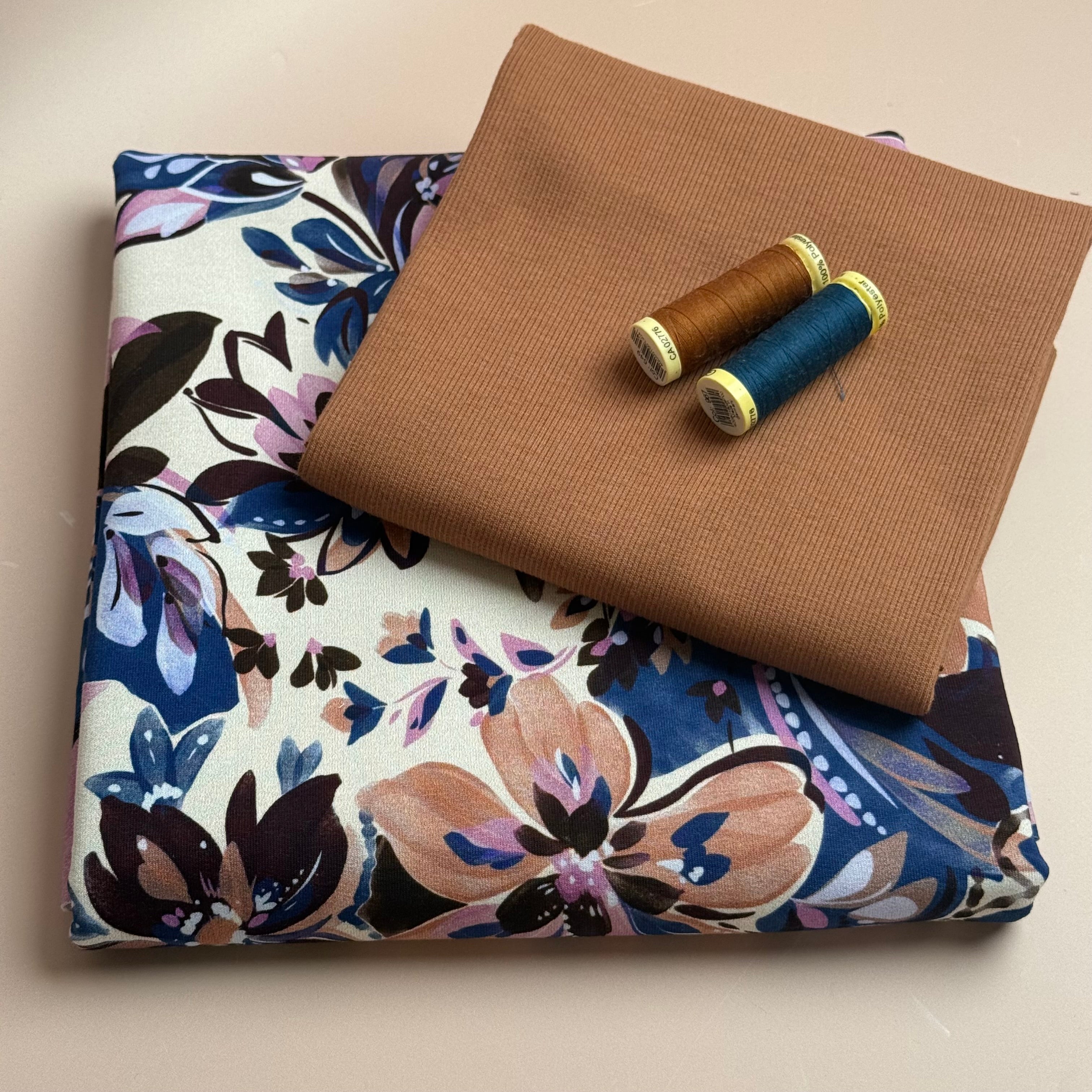 Colour Bundles - Painted Neutral Flowers Cotton French Terry & Matching Ribbing
