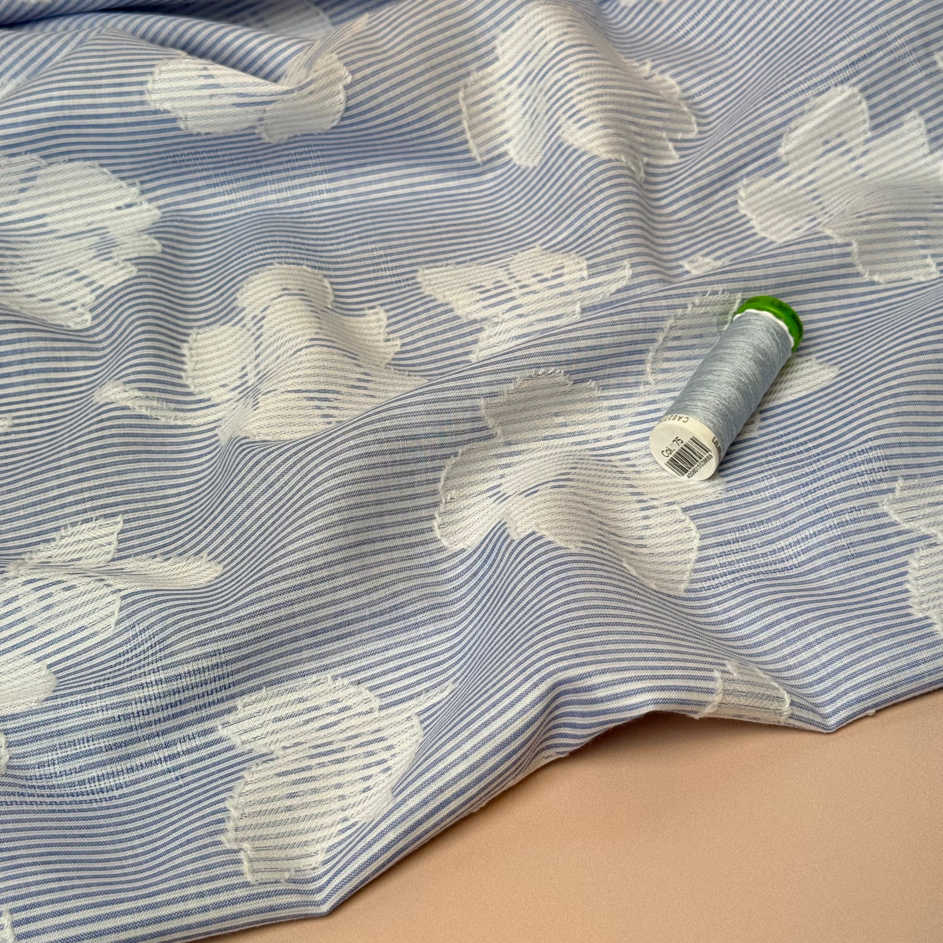 Patched Flowers on Blue Stripe Cotton Fabric