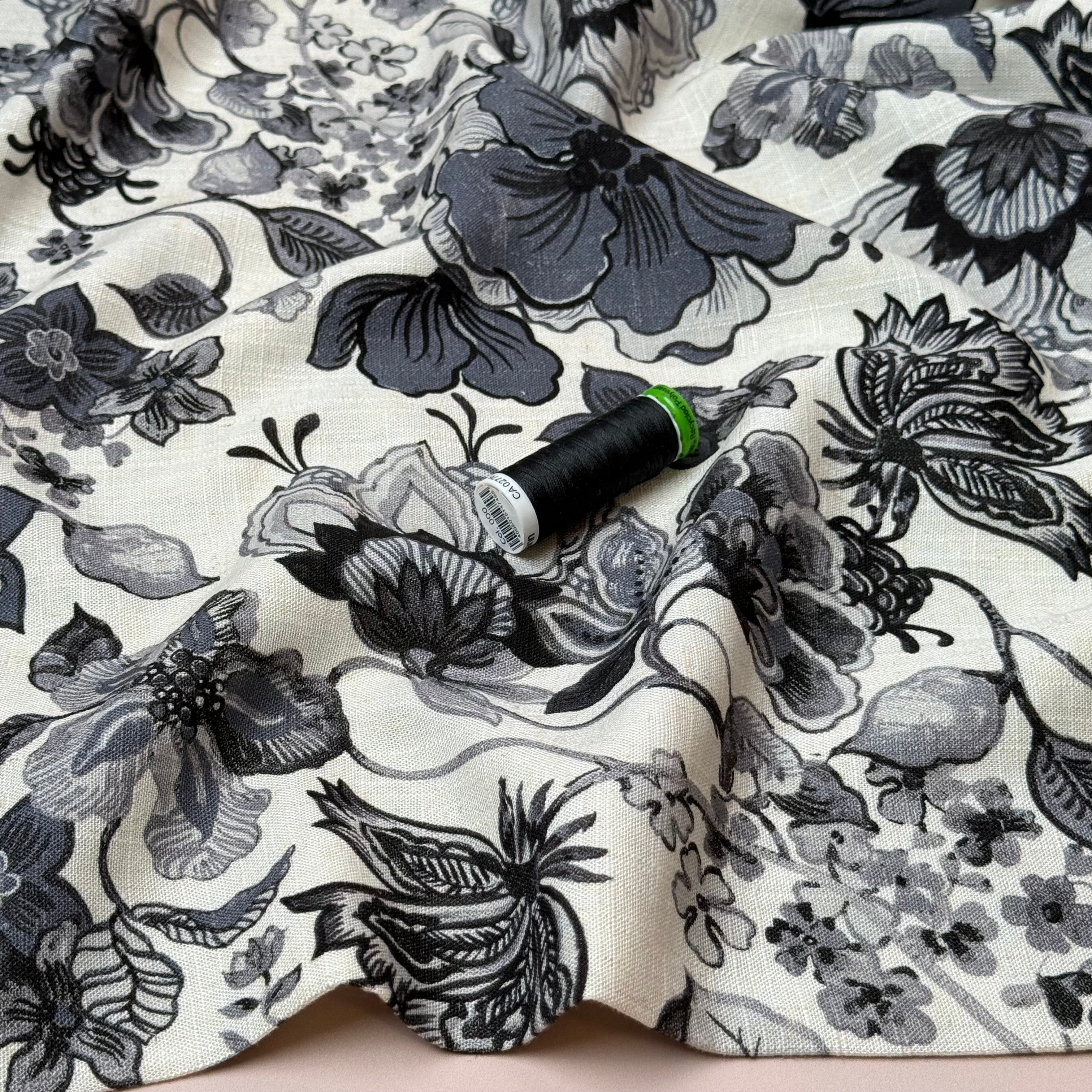 Henna Flowers Charcoal Grey Viscose Linen Fabric