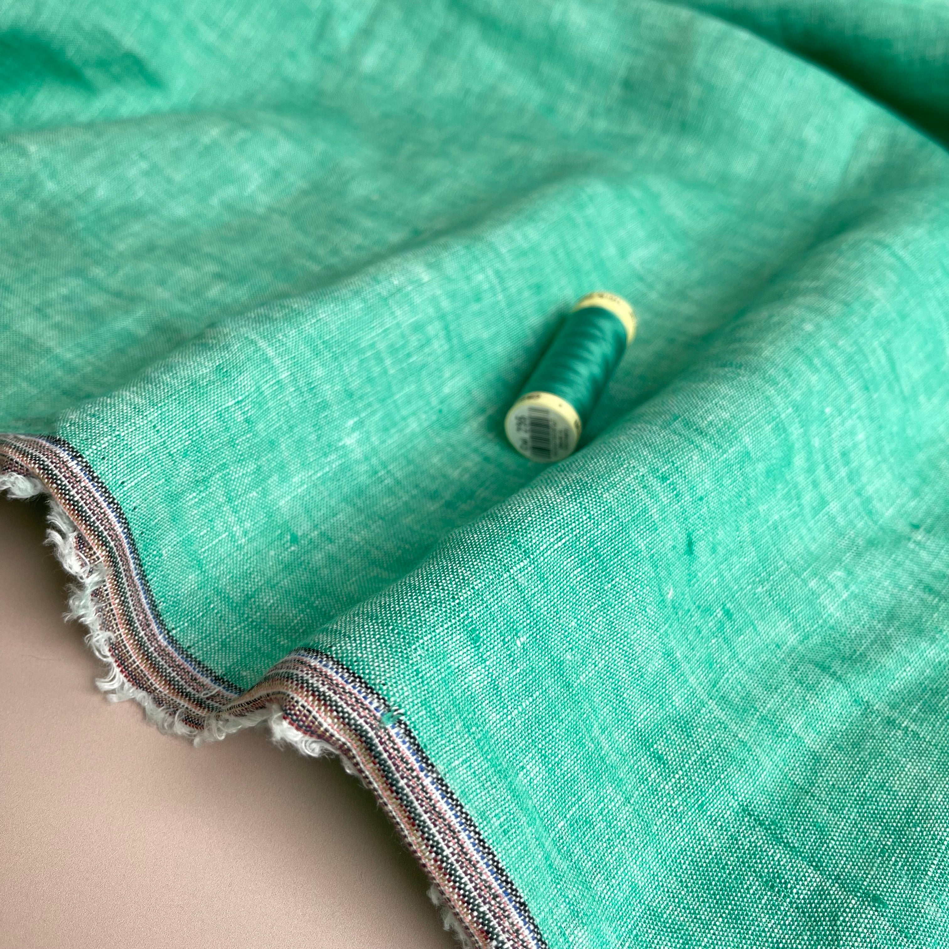 Yarn Dyed Pure Linen Fabric in Aqua Green