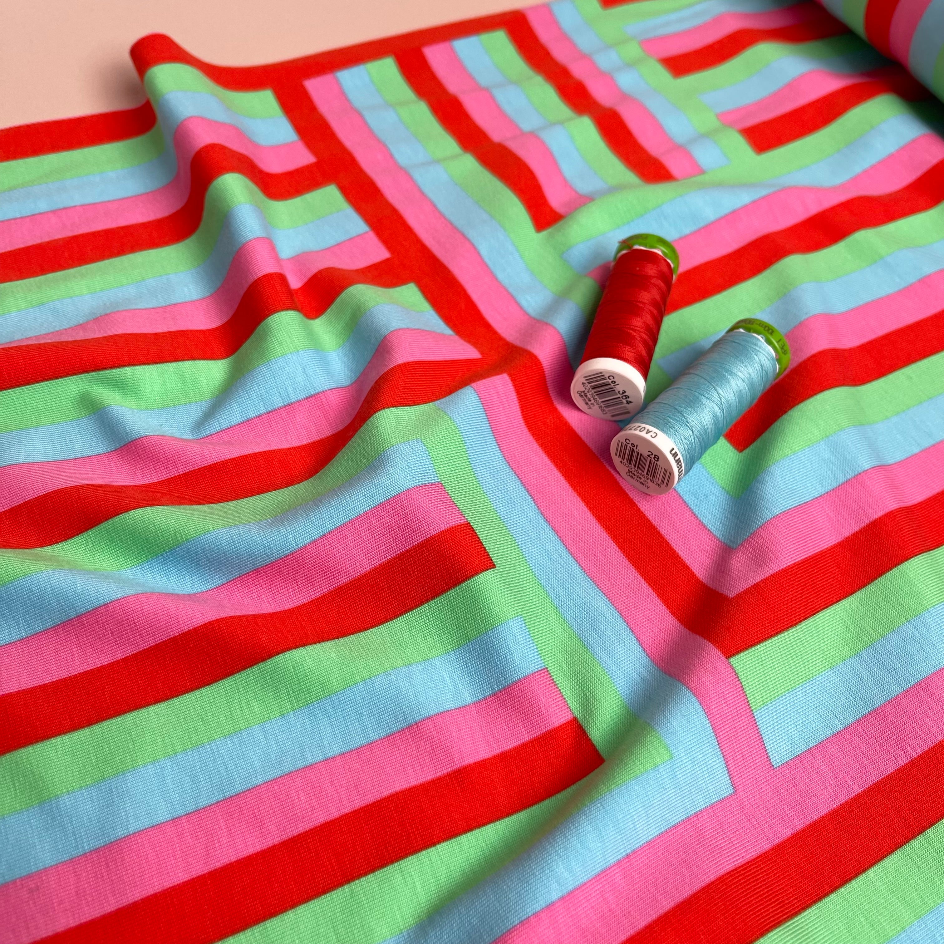 Rainbow Maze Red Cotton Jersey Fabric