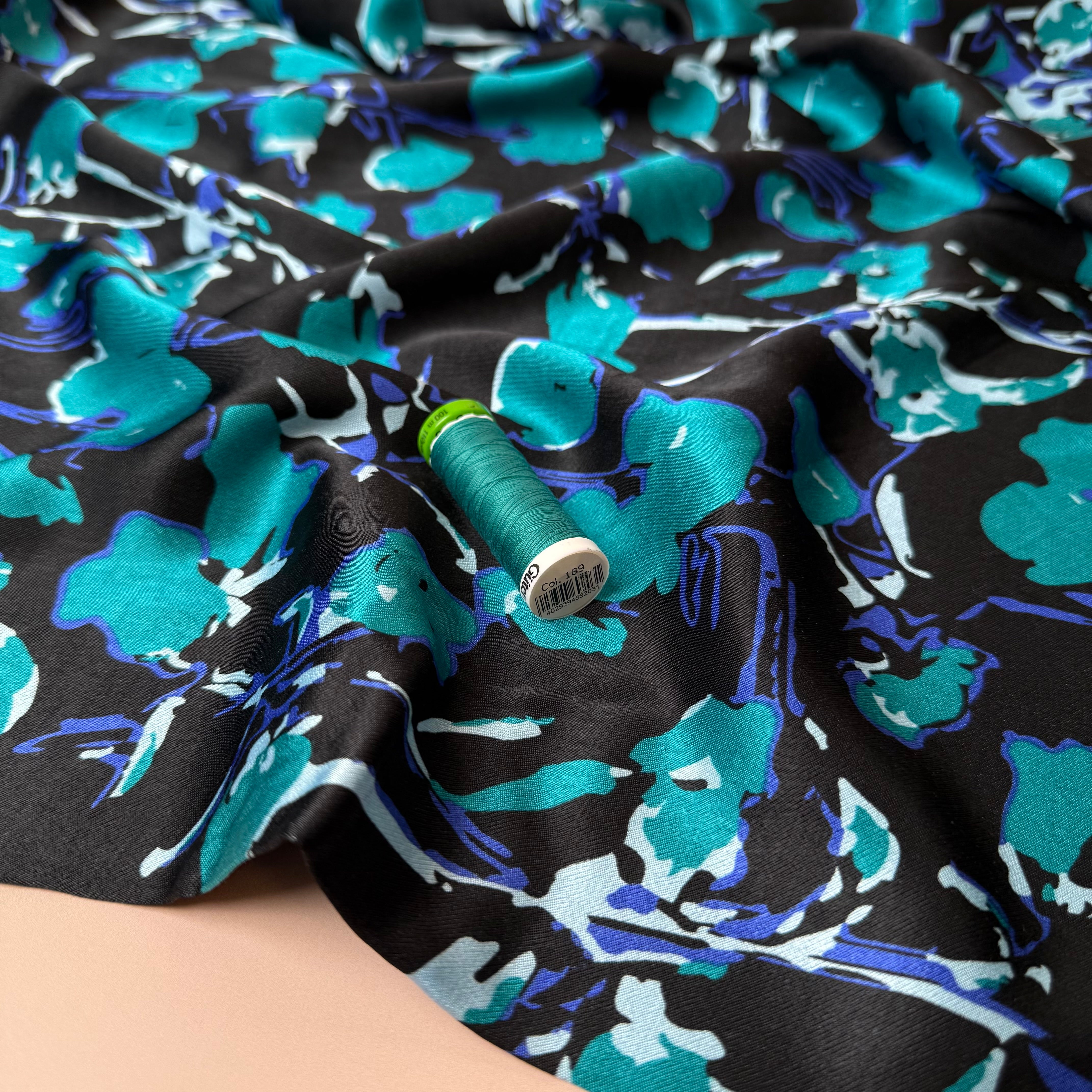 Petrol Petals Spun Viscose Sateen Fabric
