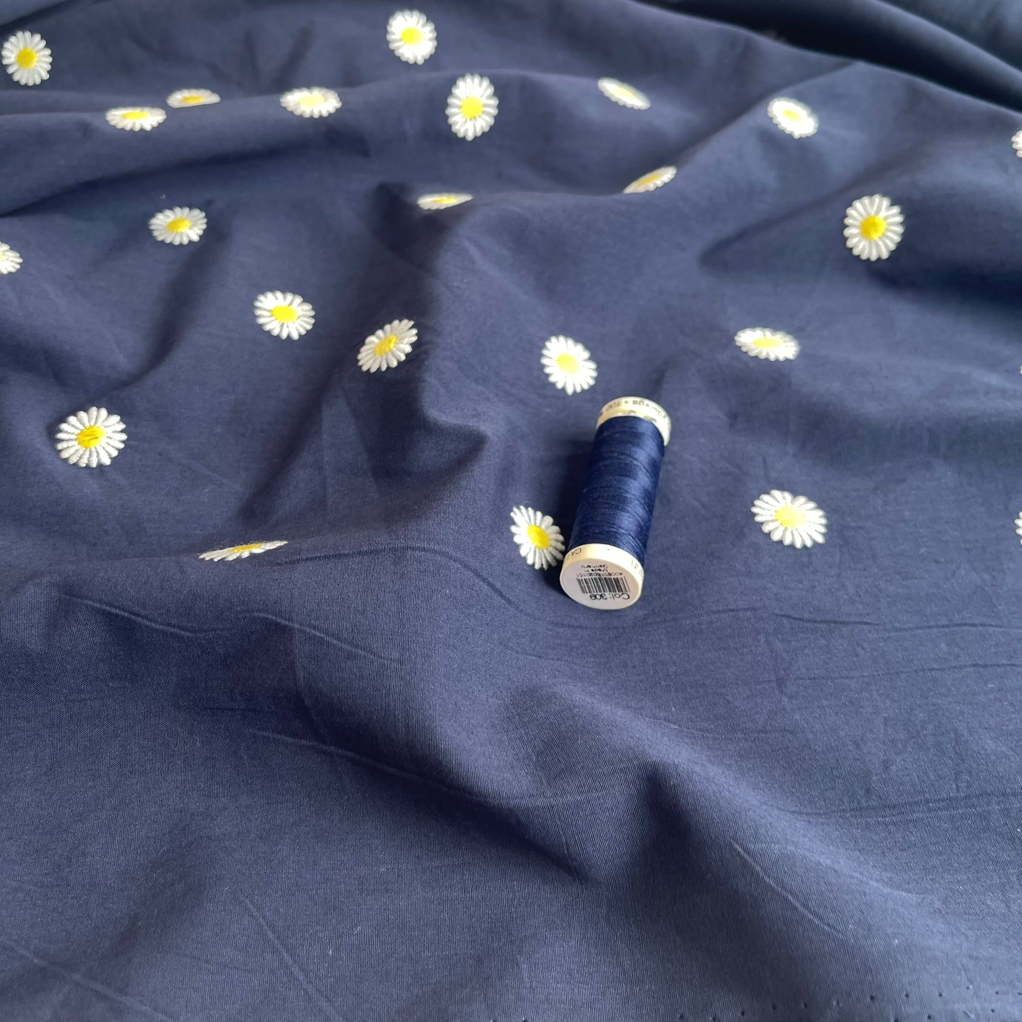 Embroidered Daisies on Navy Cotton Poplin