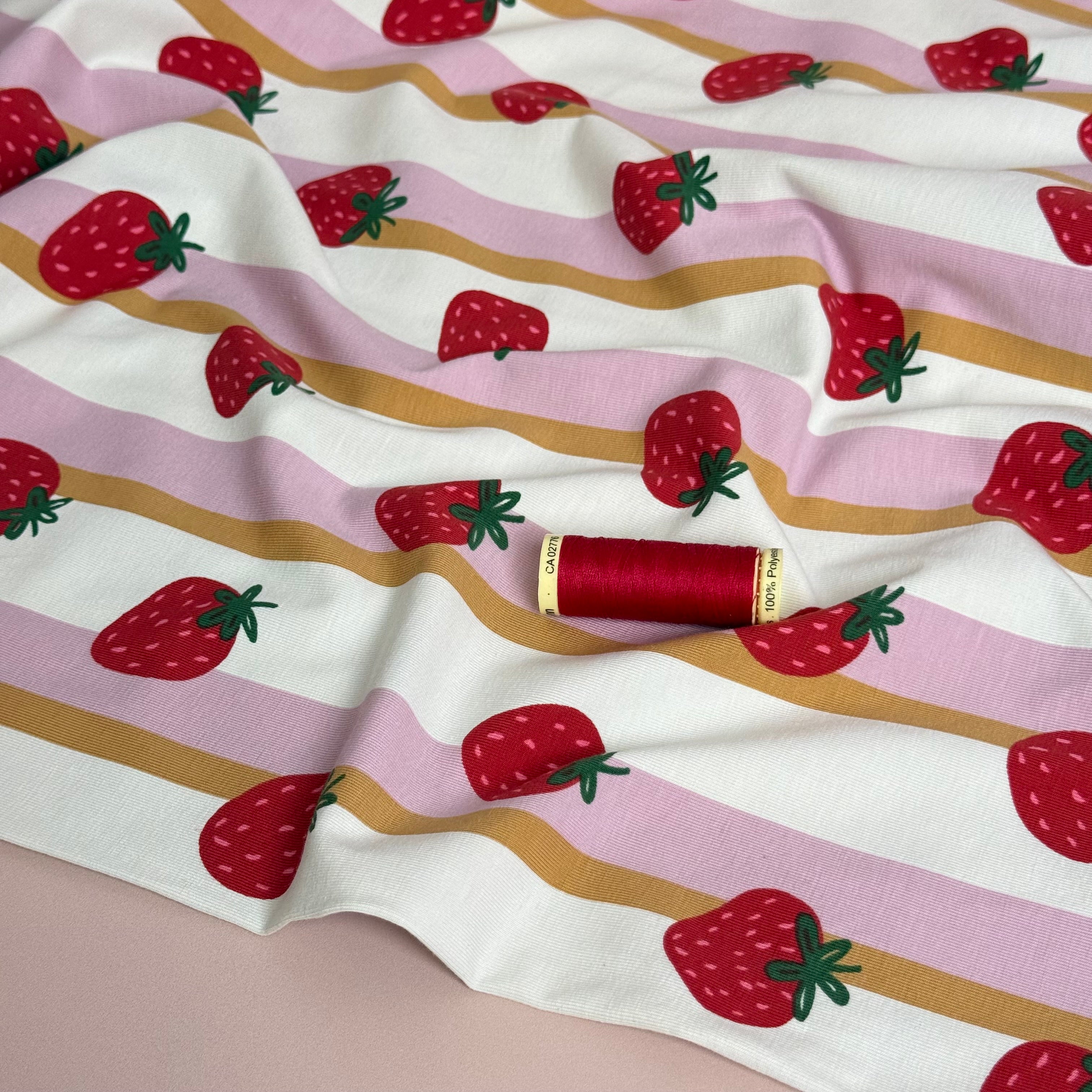 Strawberries in Lanes Pink Cotton Jersey Fabric