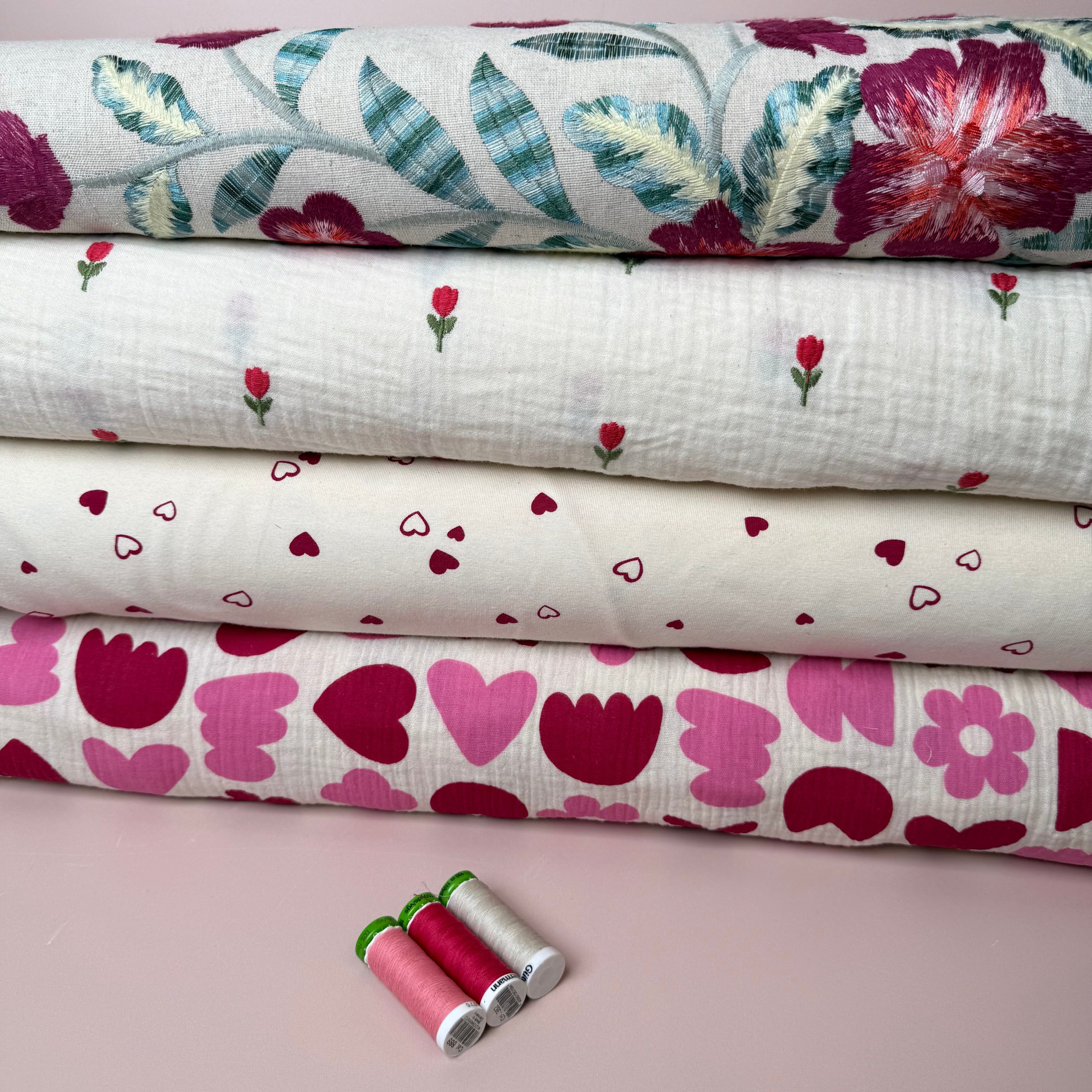 Embroidered Tulips on Natural Cotton Double Gauze