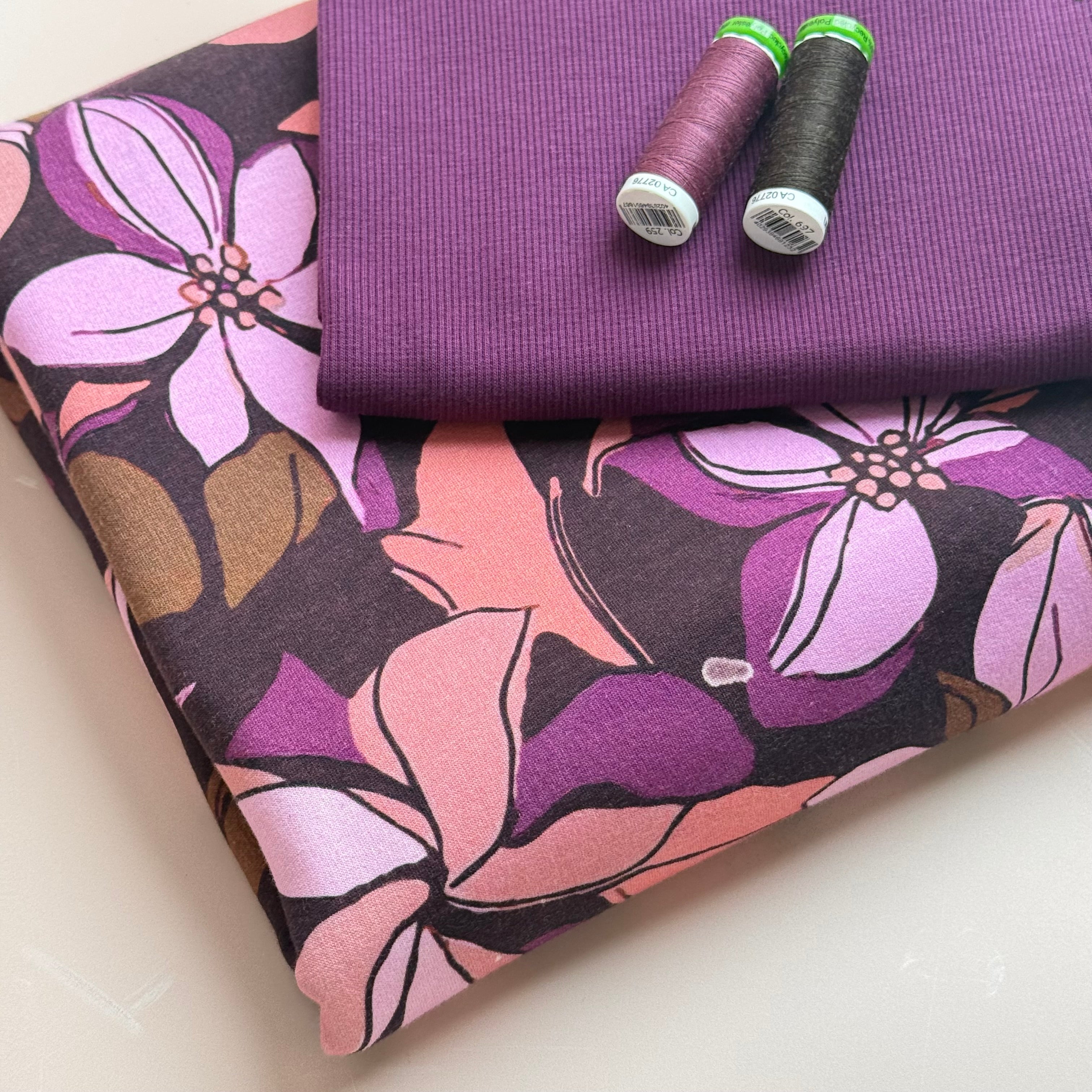 Colour Bundles - Lilies Bordeaux Cotton Sweatshirting & Matching Ribbing