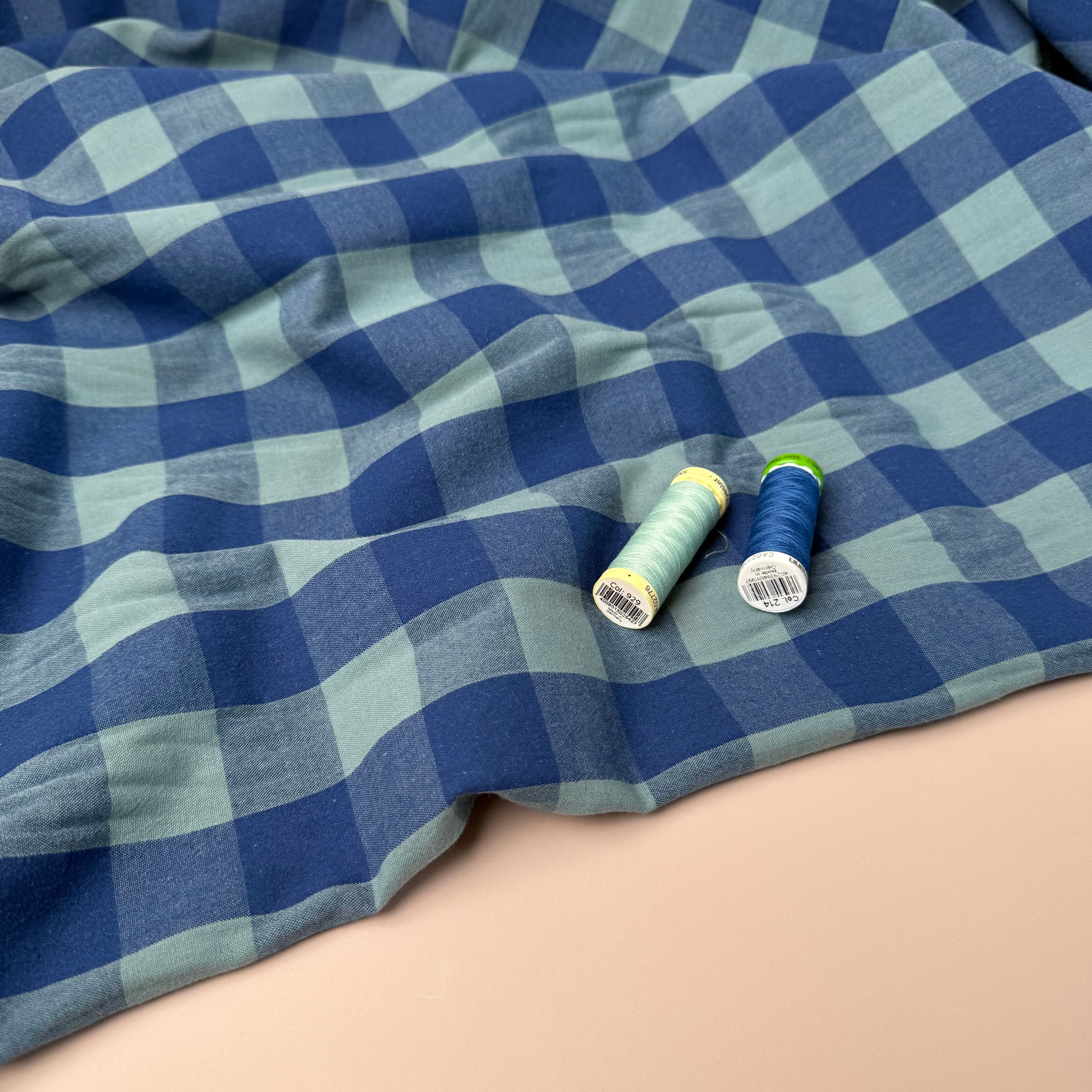 Yarn Dyed Washed Cotton Check Fabric in Blue and Sage Green