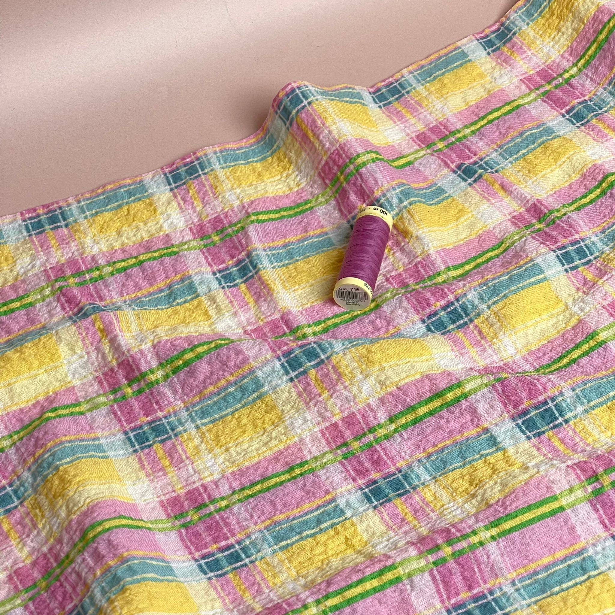 Ex-Designer Deadstock Rainbow Check Cotton Seersucker Fabric