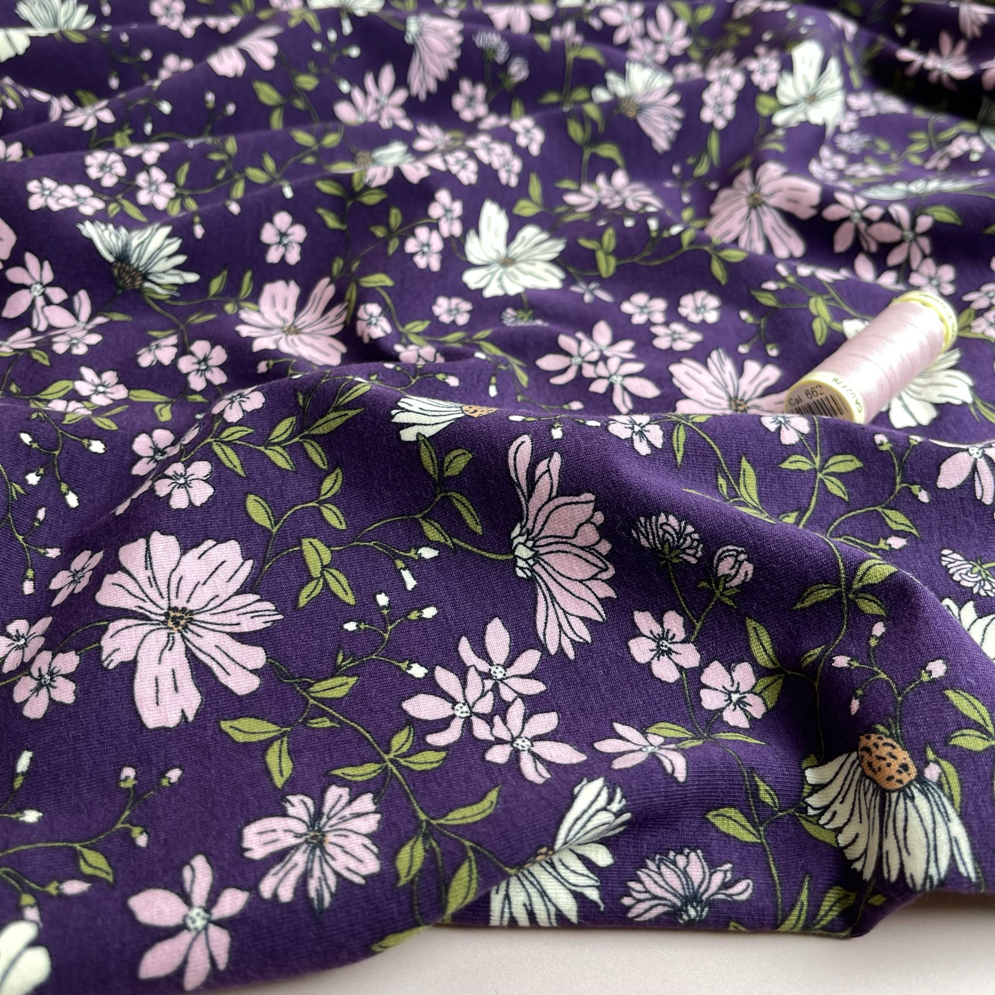 Blush Flowers on Purple Cotton Jersey Fabric