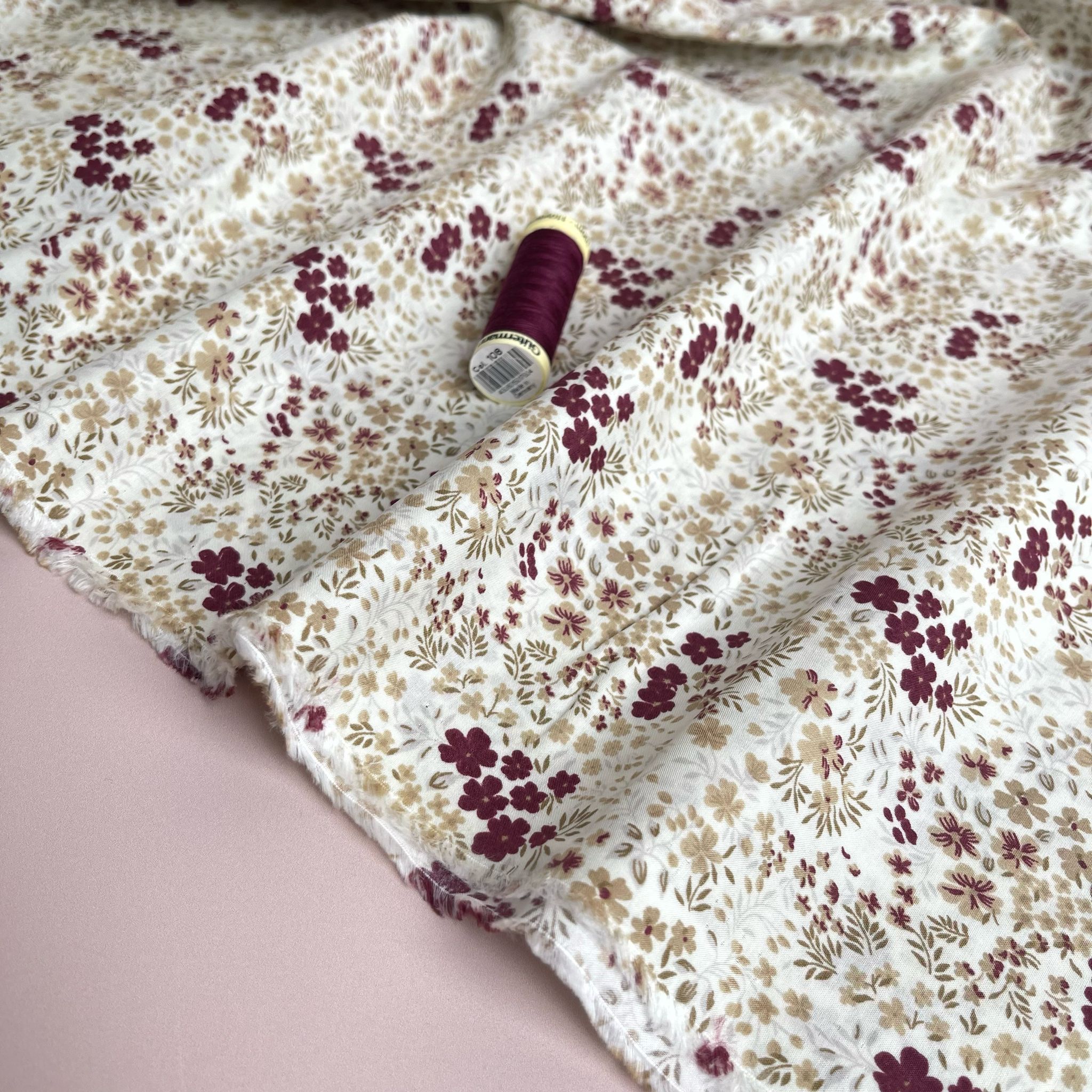 Ex-Designer Deadstock Ditsy Burgundy Flowers Cotton Lawn Fabric