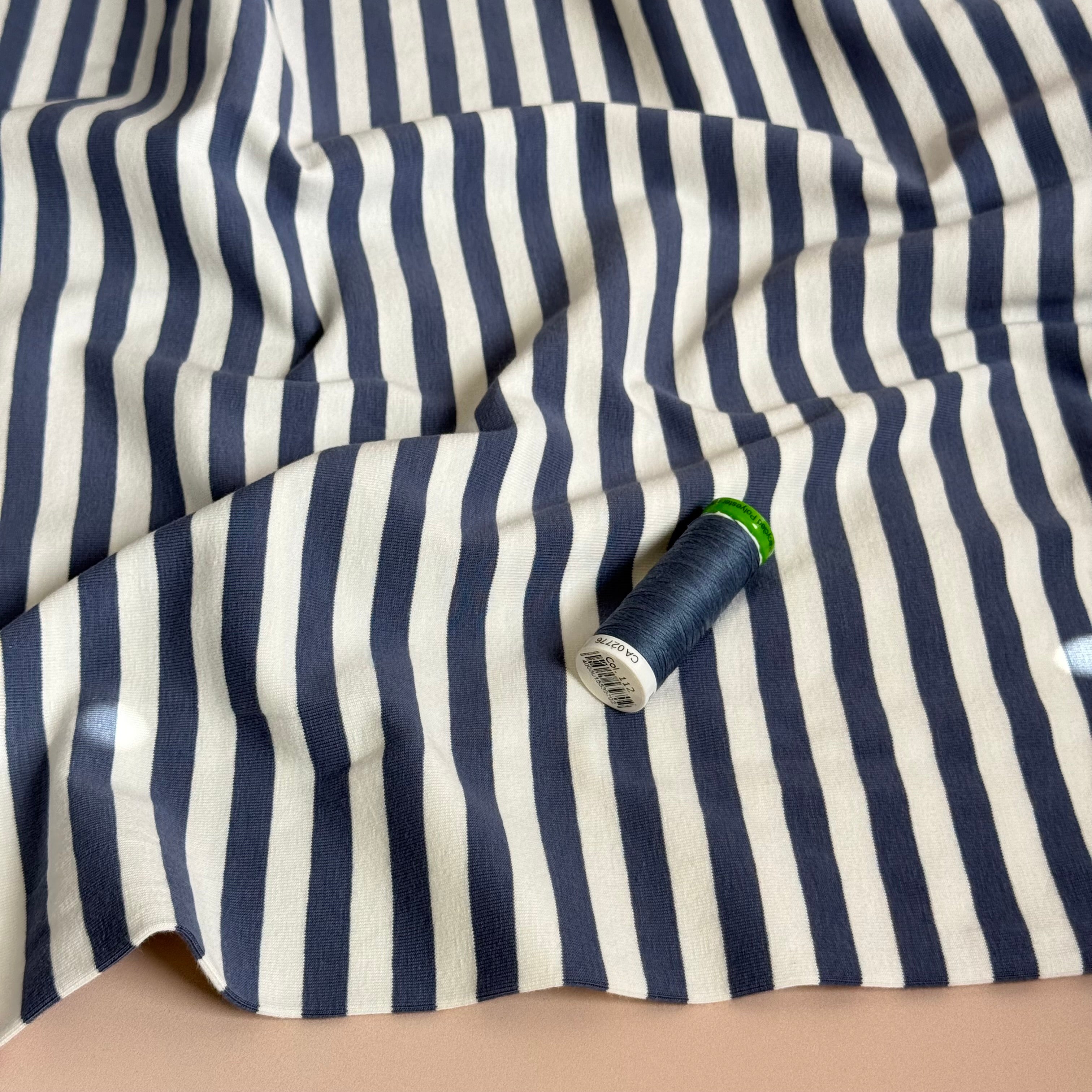 Yarn Dyed Denim Blue Breton Stripe Cotton Jersey Fabric