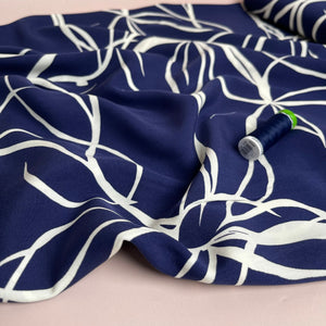 REMNANT 1.07 Metres - Natural Lines on Navy Viscose Fabric