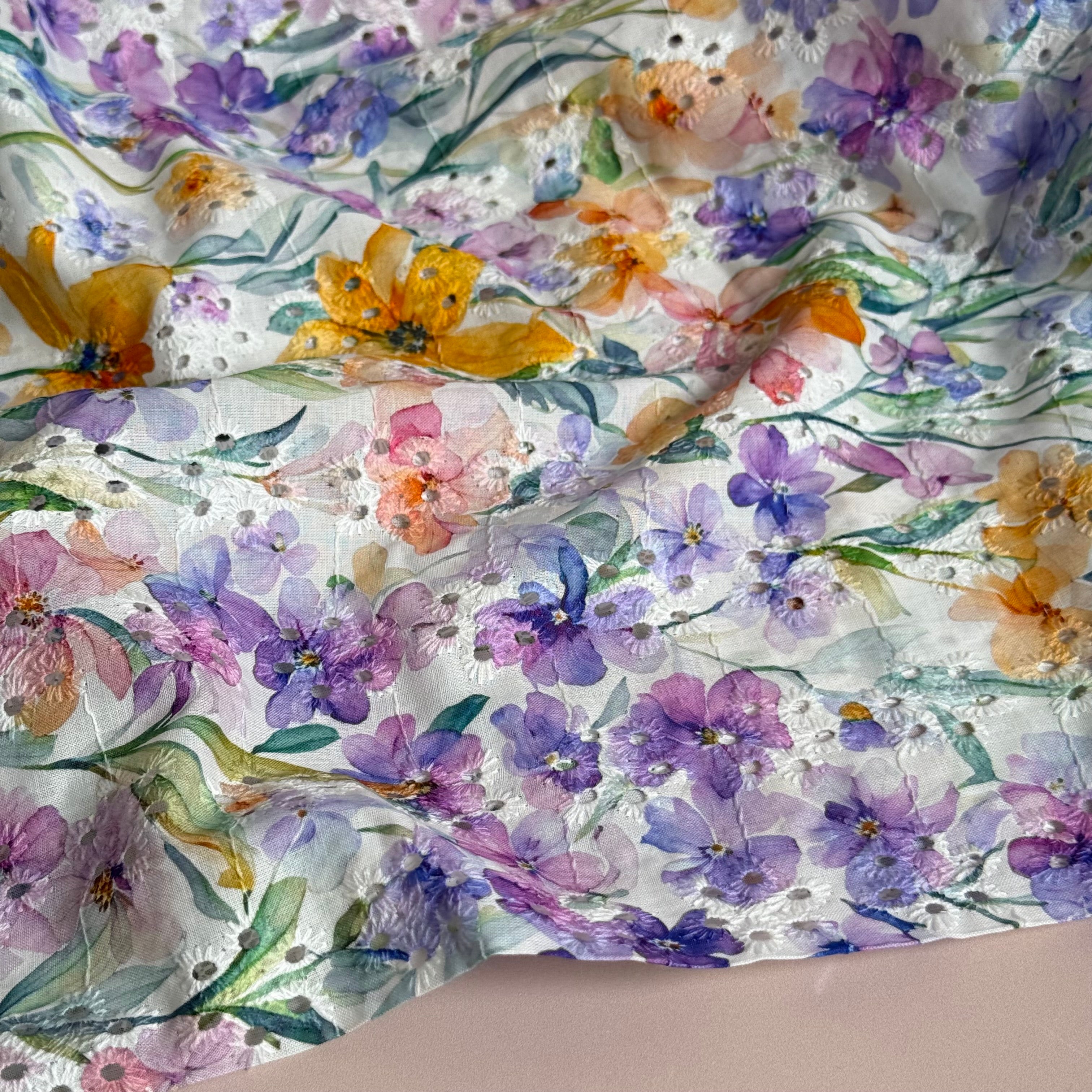 Lavender Field Flowers on Embroidered White Cotton Voile Fabric