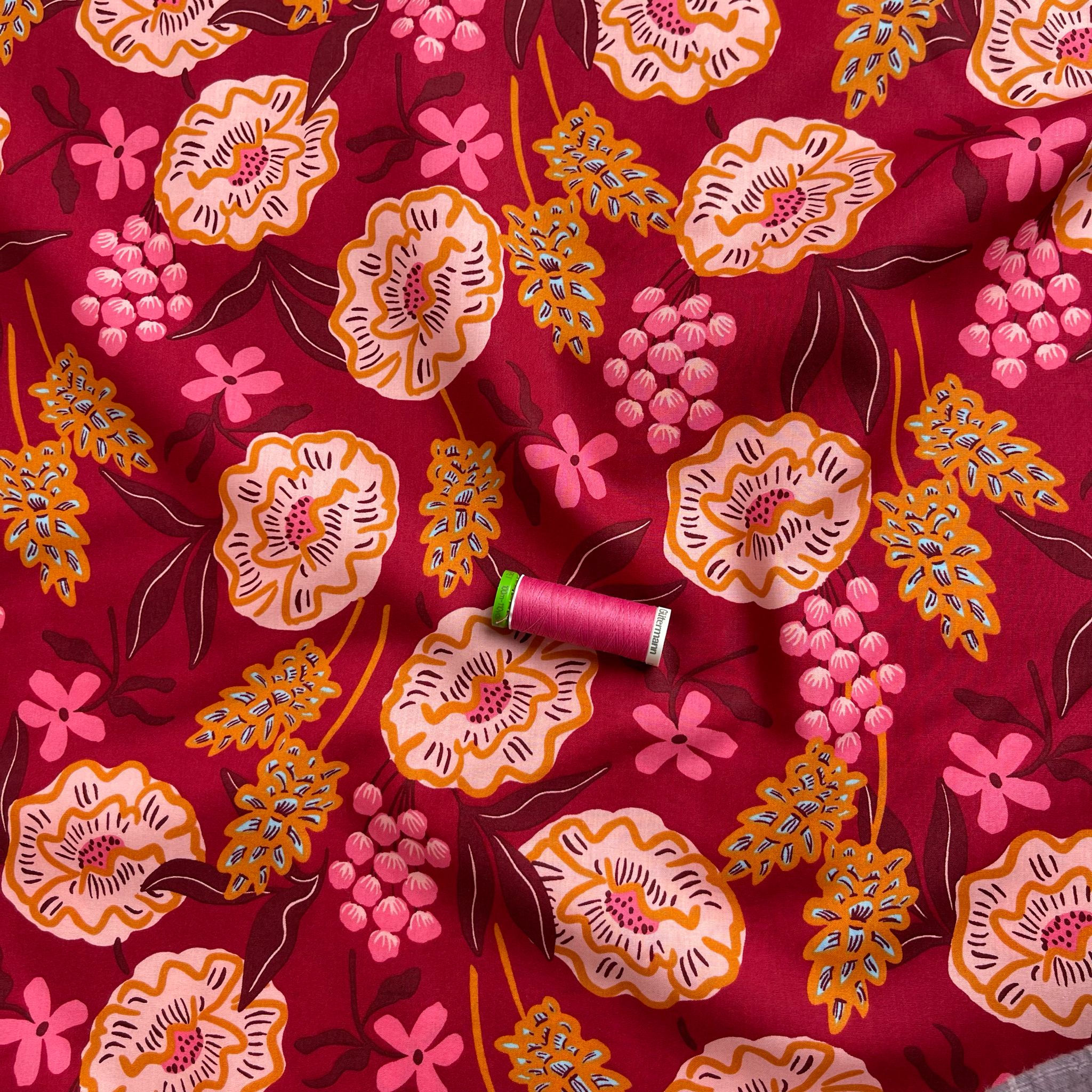 Nerida Hansen - Fresh Flowers on Red Cotton Poplin Fabric