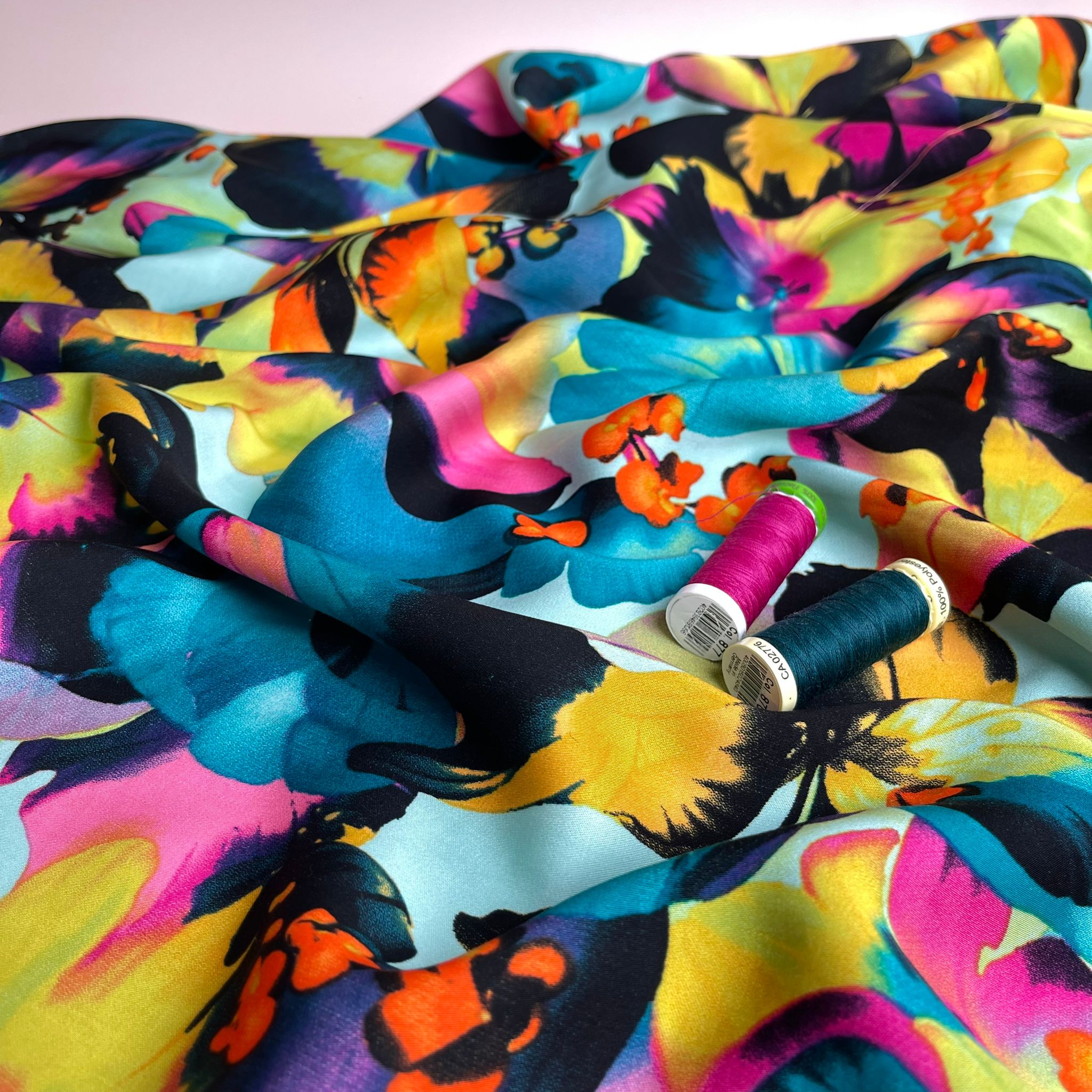 REMNANT 1.00 Metre - Vibrant Blooms in Turquoise and Pink Viscose Sateen Fabric