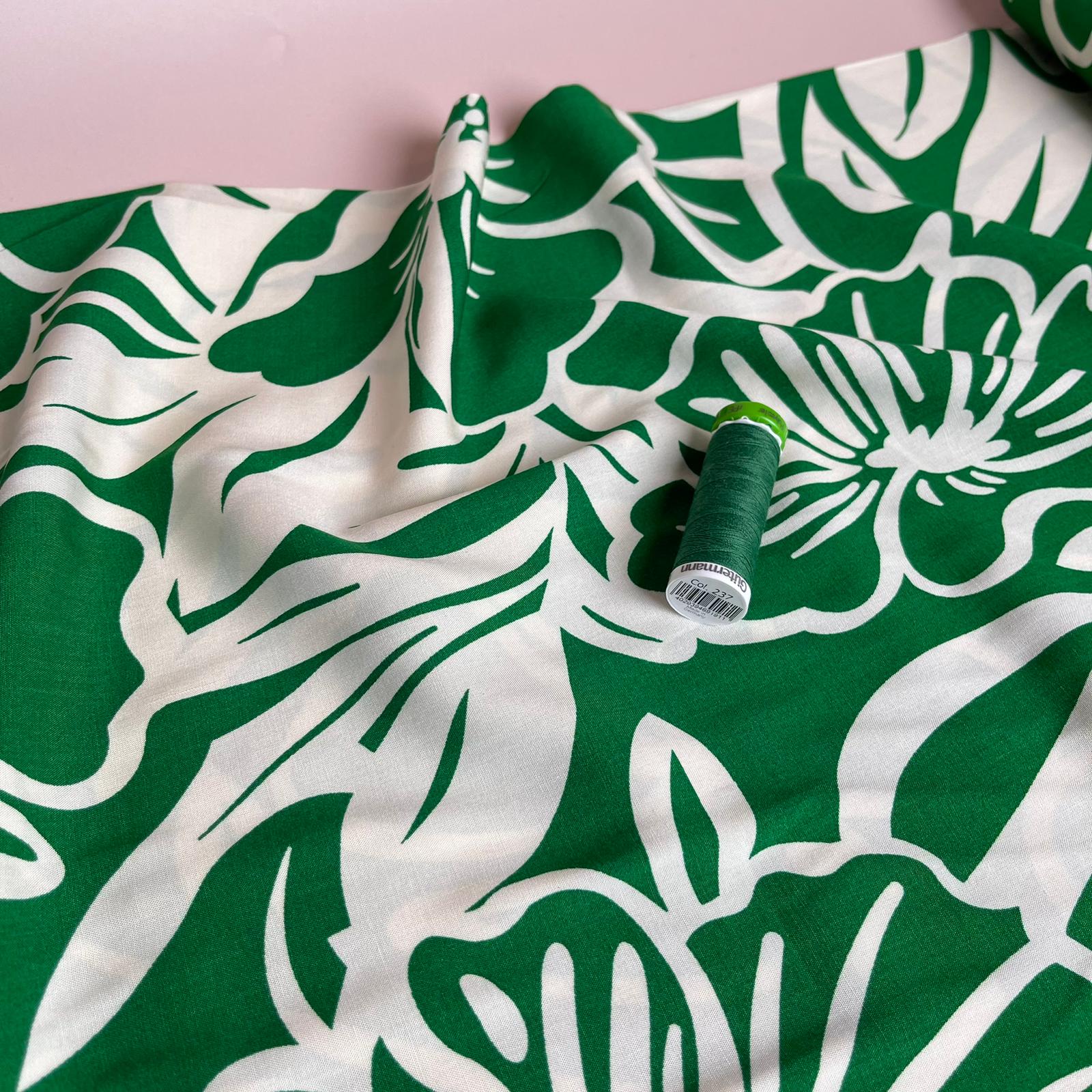 White Blooms on Emerald Green Viscose Fabric