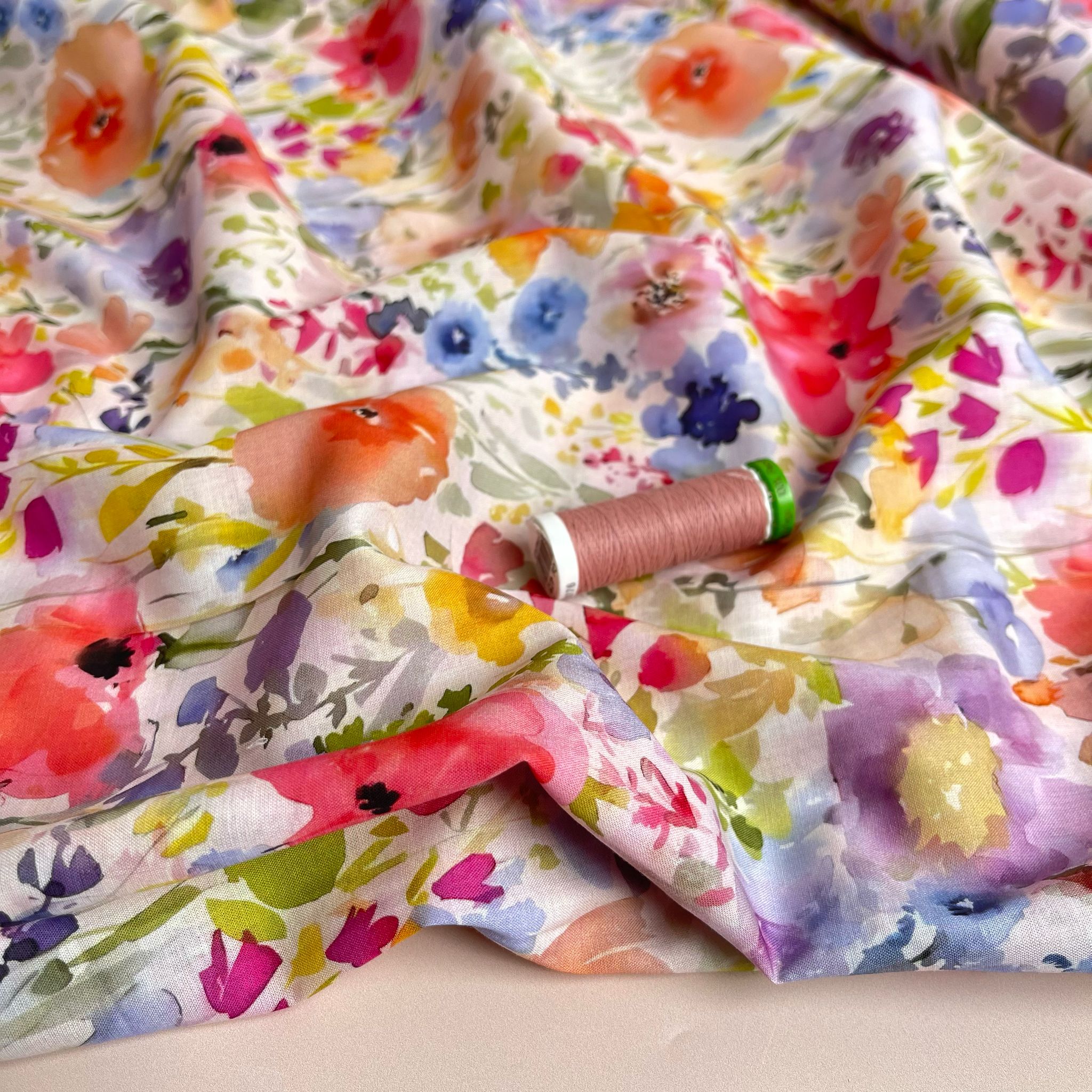 REMNANT 2.8 Metres - Watercolour Spring Meadow Cotton Voile Fabric