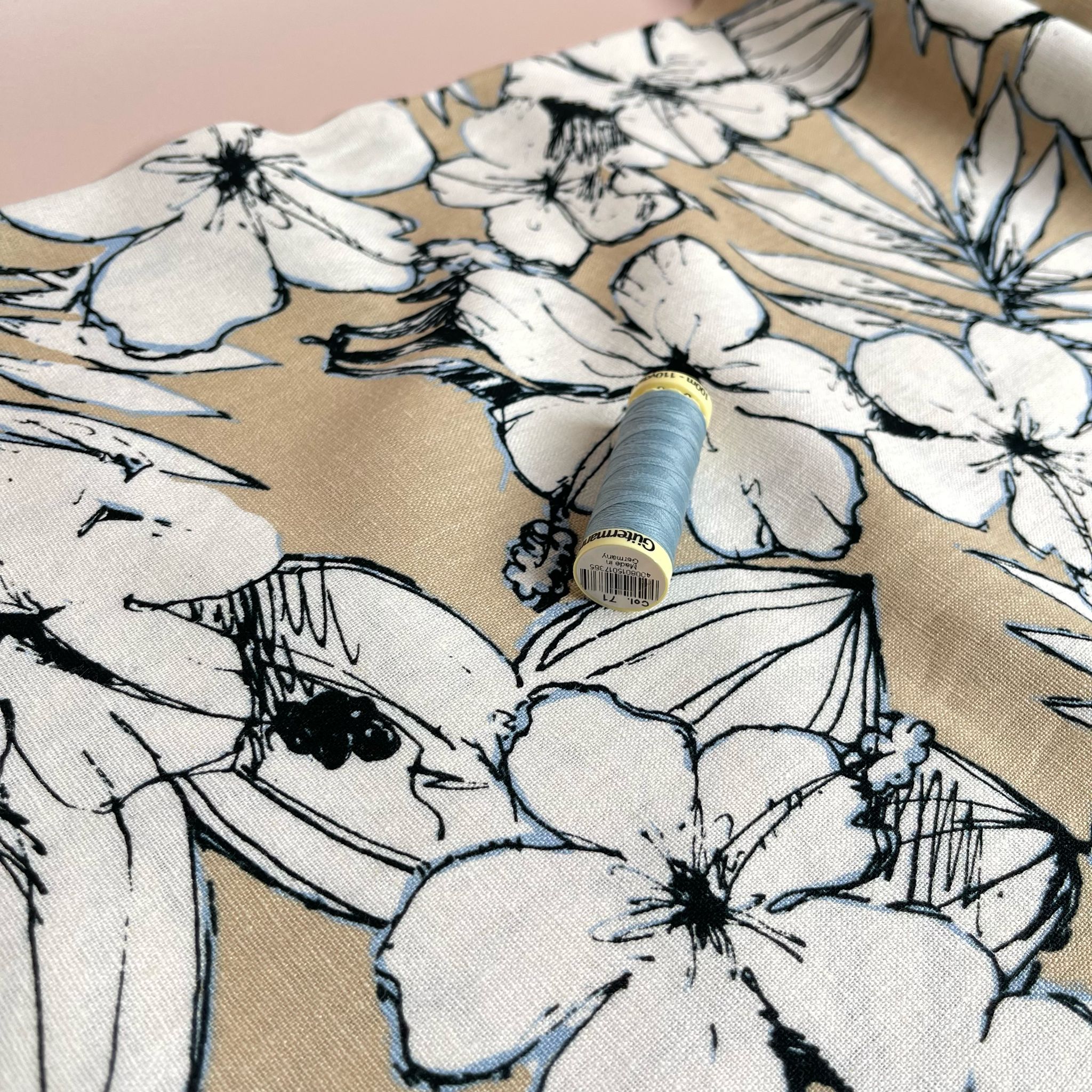 REMNANT 0.65 Metre - Sketched Flowers on Beige Viscose Linen Fabric