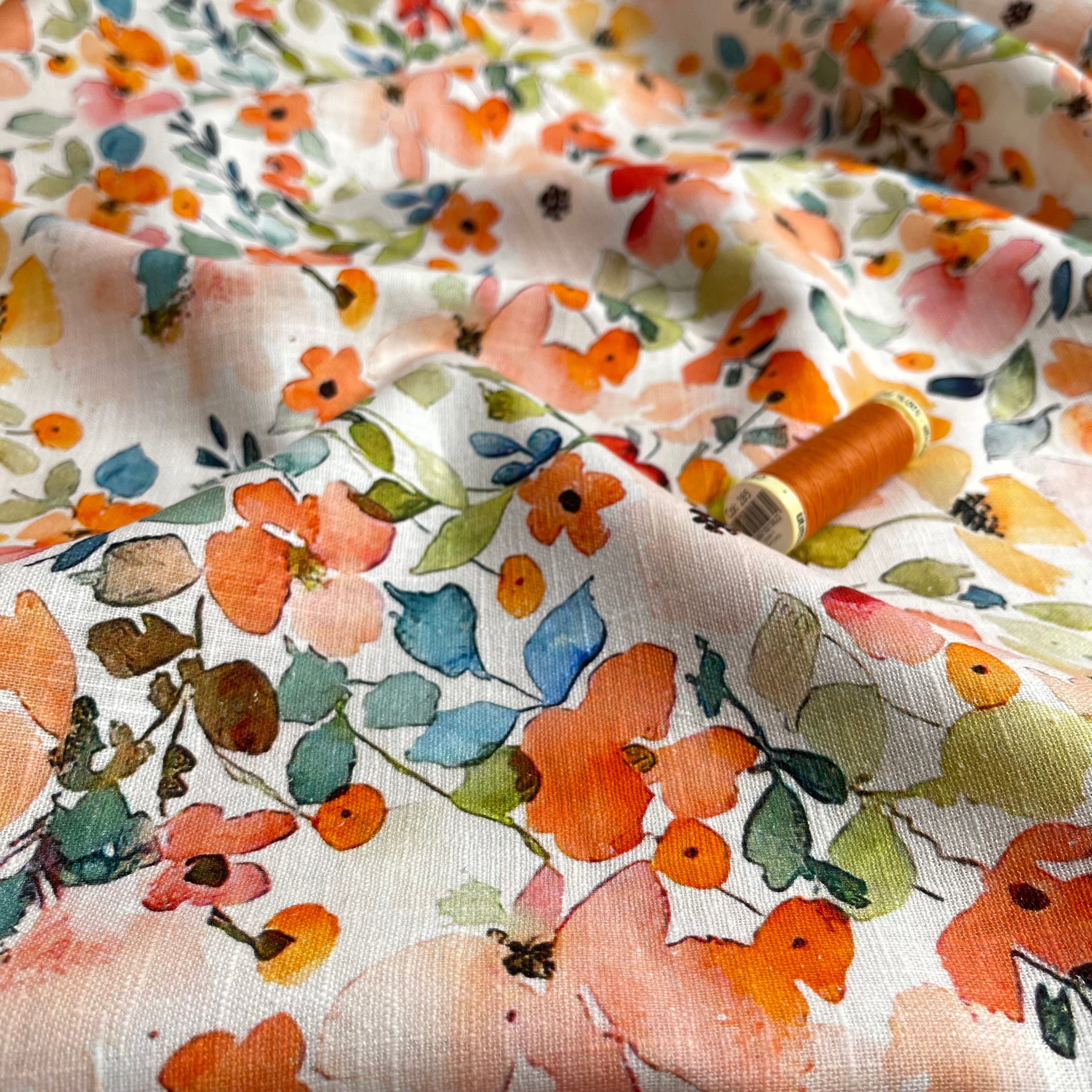 REMNANT 1.29 MetresWatercolour Bouquet Linen Cotton Blend Fabric