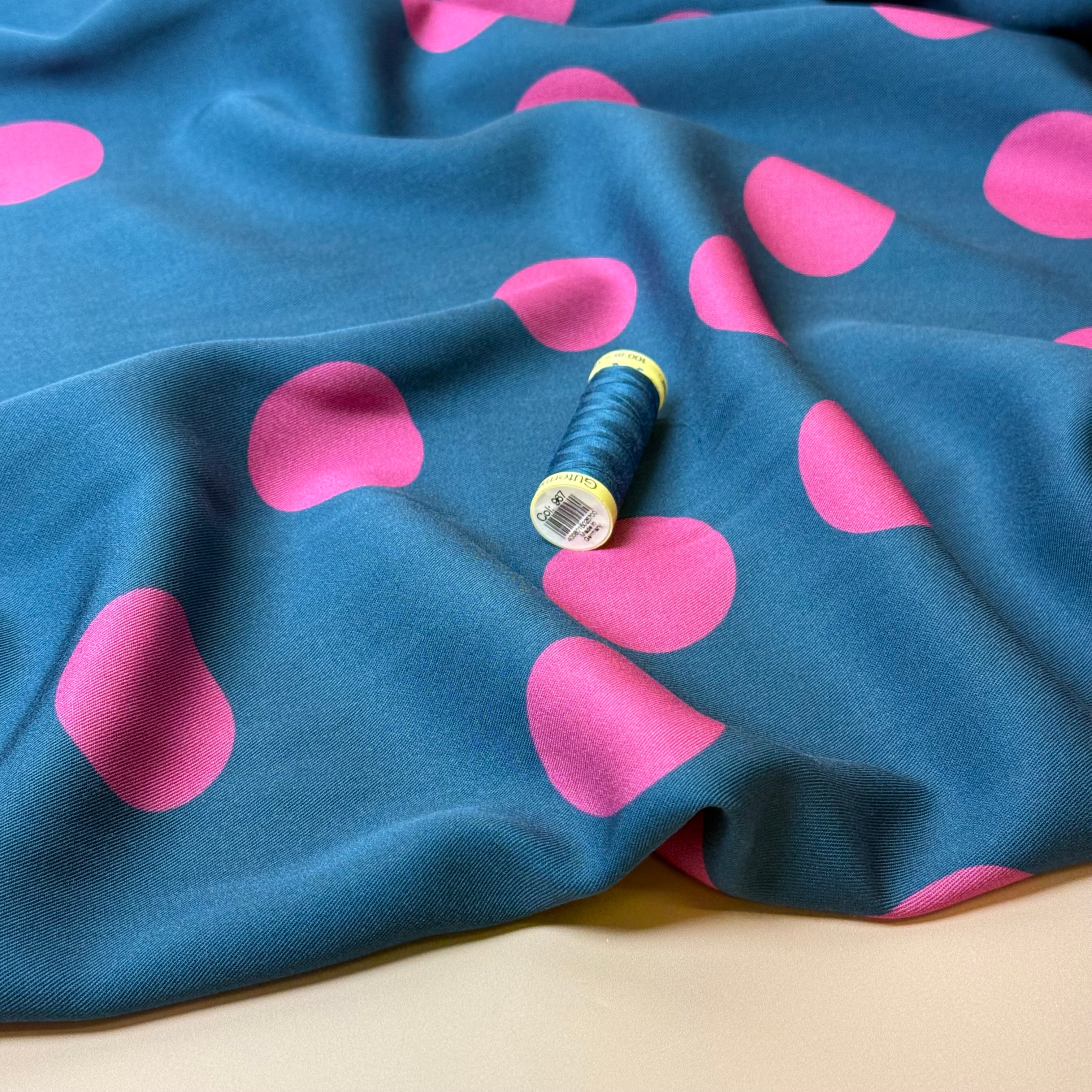 Light & Lush - Large Polka Dots in Pink on Blue Viscose Twill Fabric