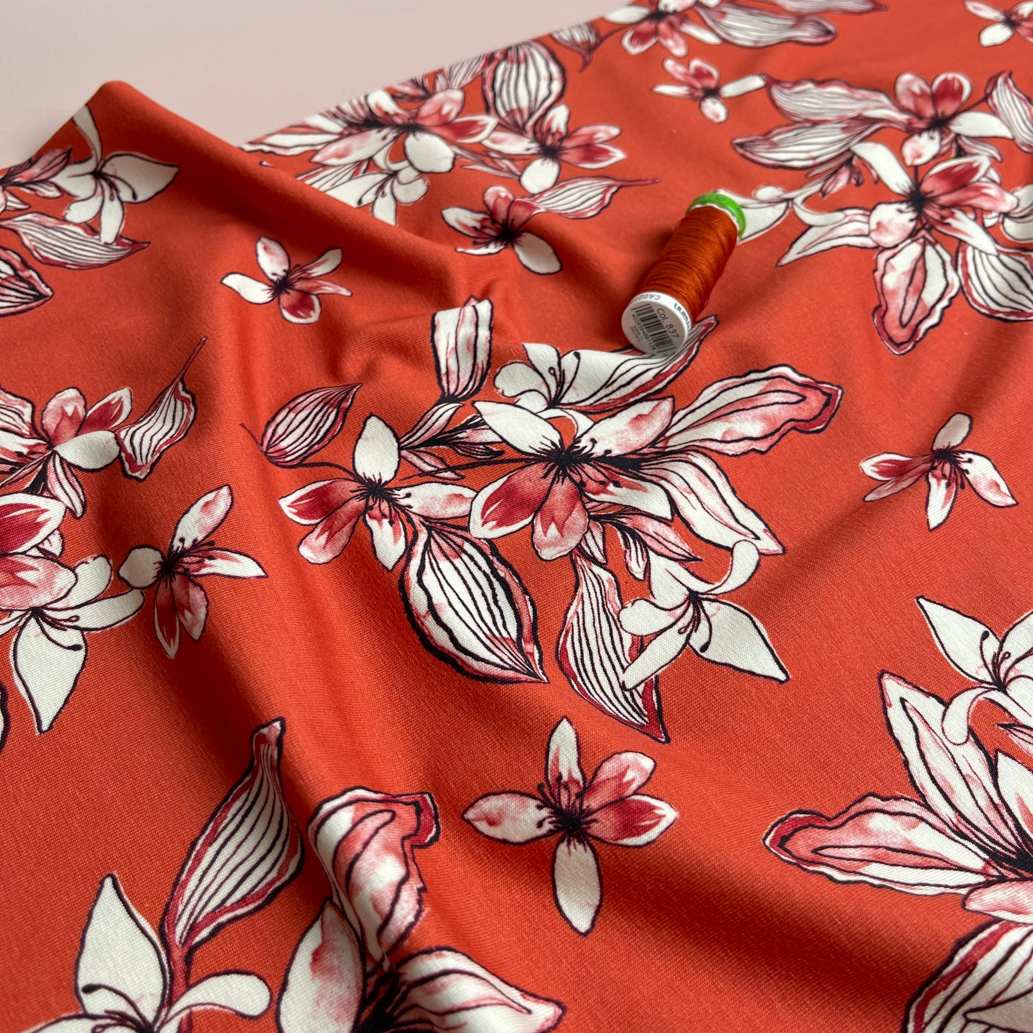 Danish Design - Watercolour Blossoms on Rust Cotton Jersey Fabric