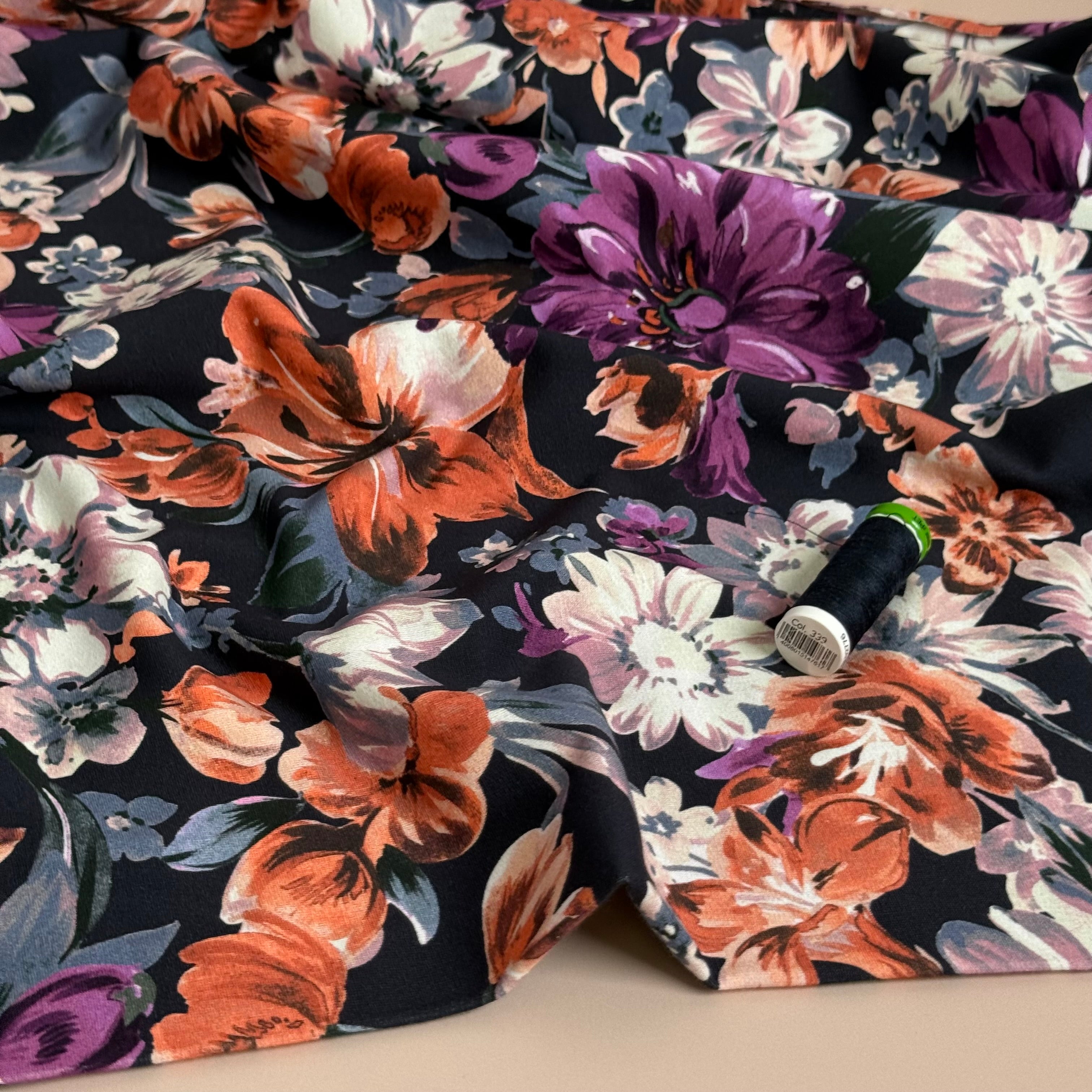 Painted Florals Dark Navy Cotton French Terry Fabric