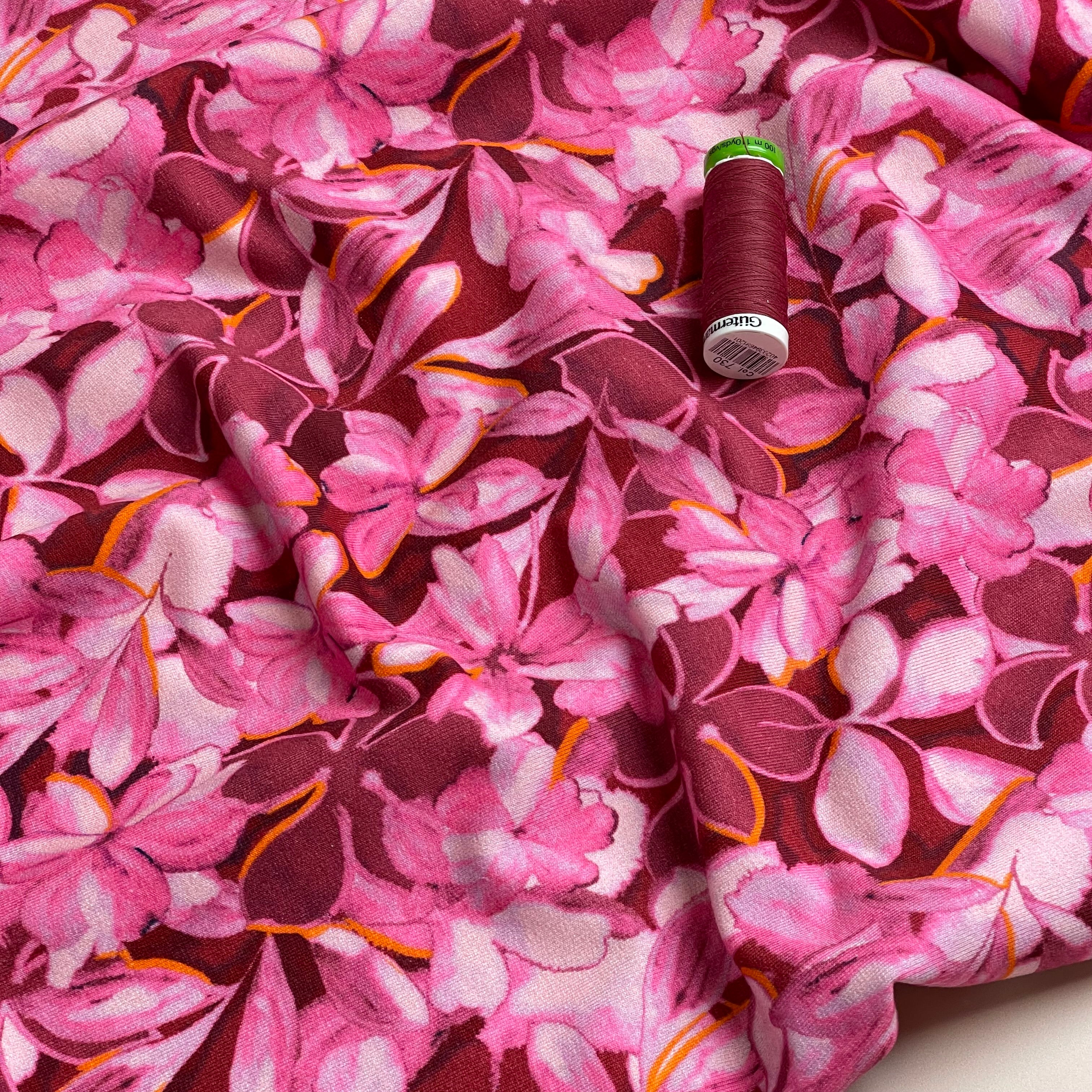 Painted Petals Red Cotton French Terry Fabric