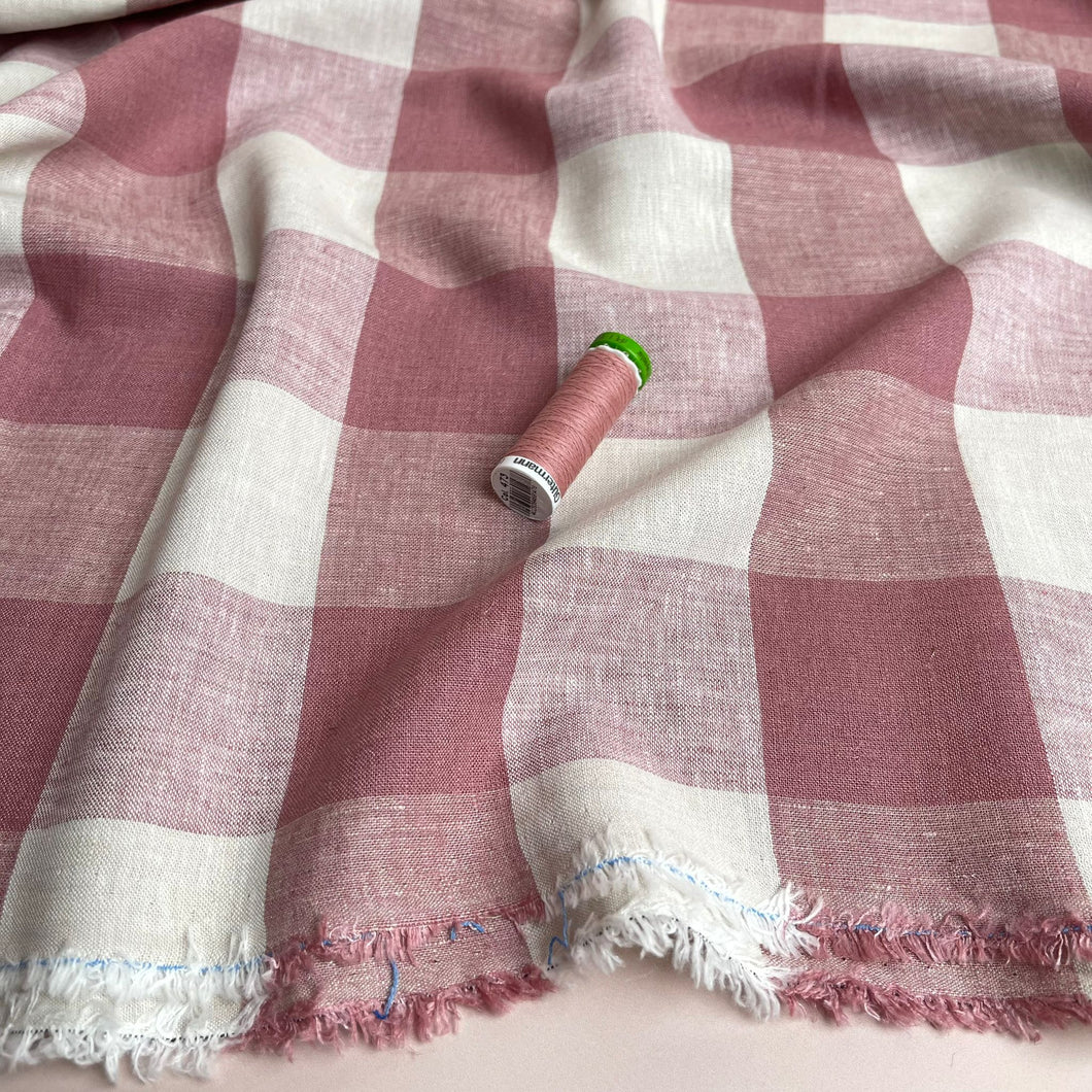 Yarn Dyed Rose Gingham Viscose Linen Fabric