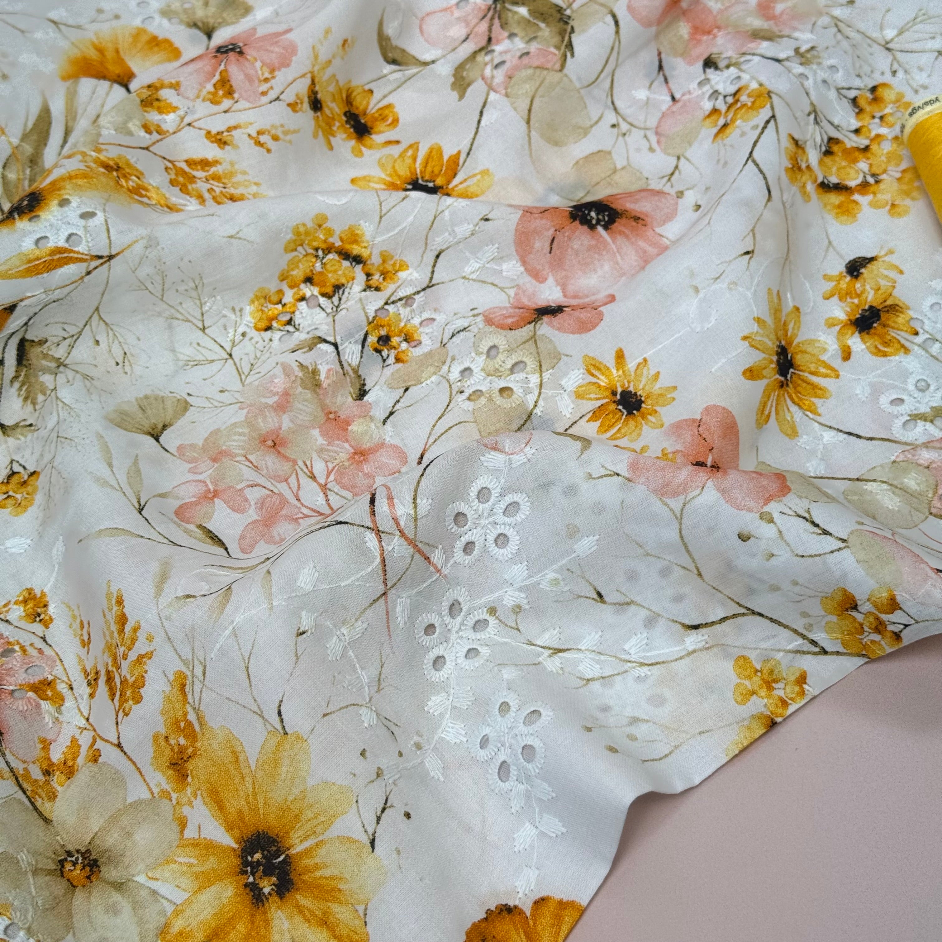 Coral & Gold Flowers on Embroidered White Cotton Voile Fabric
