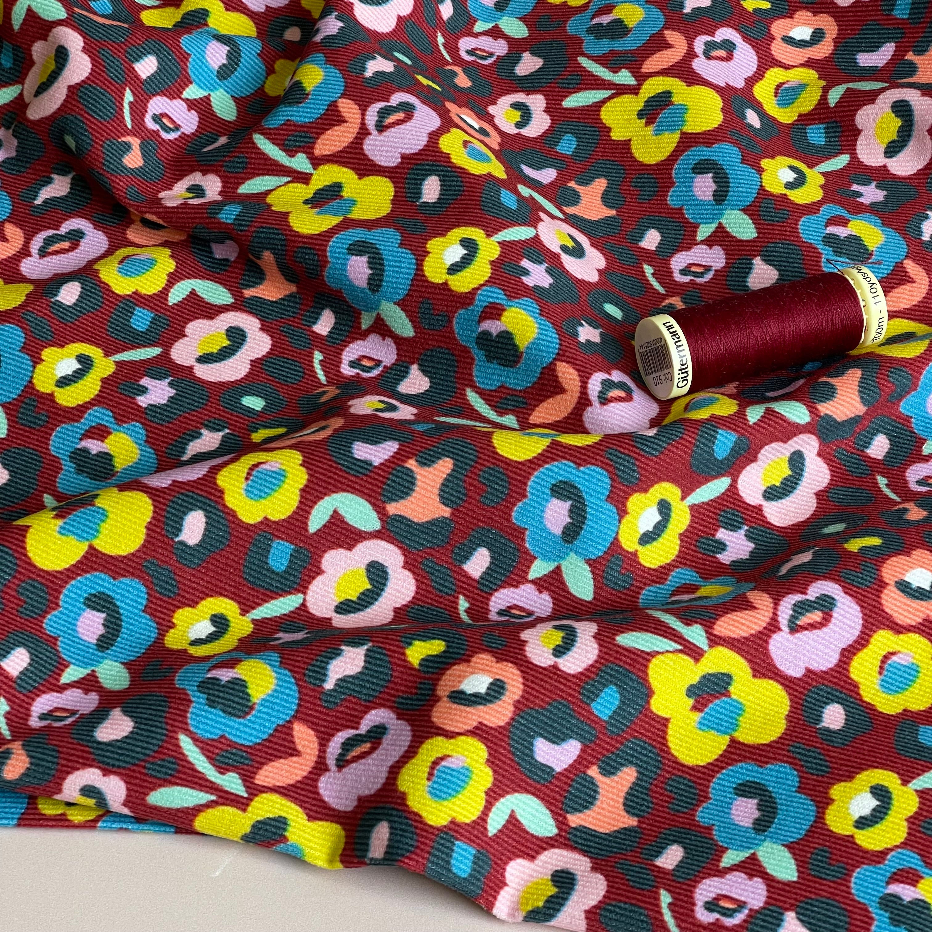 Leopard Flowers Burgundy Cotton Needlecord