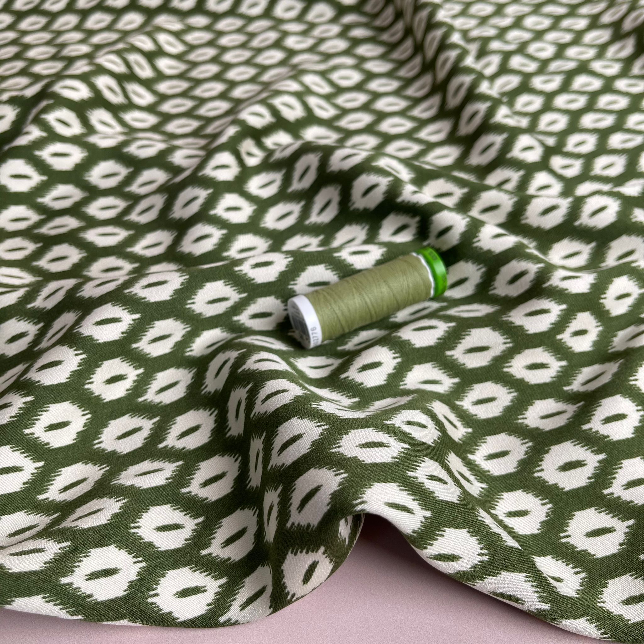 Abstract Rhombus on Olive Viscose Twill Sateen Fabric