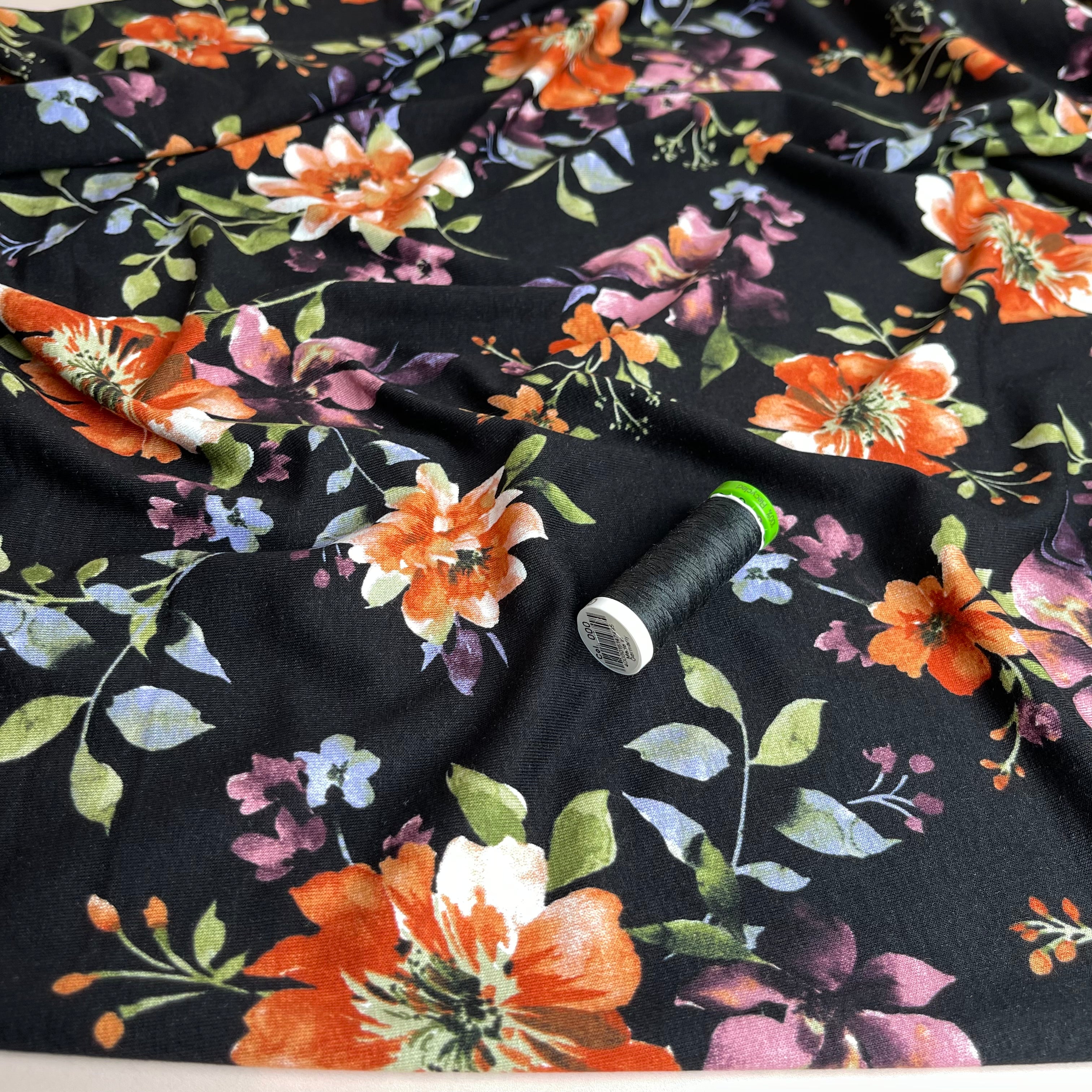 Watercolour Bouquet on Black Viscose Jersey Fabric