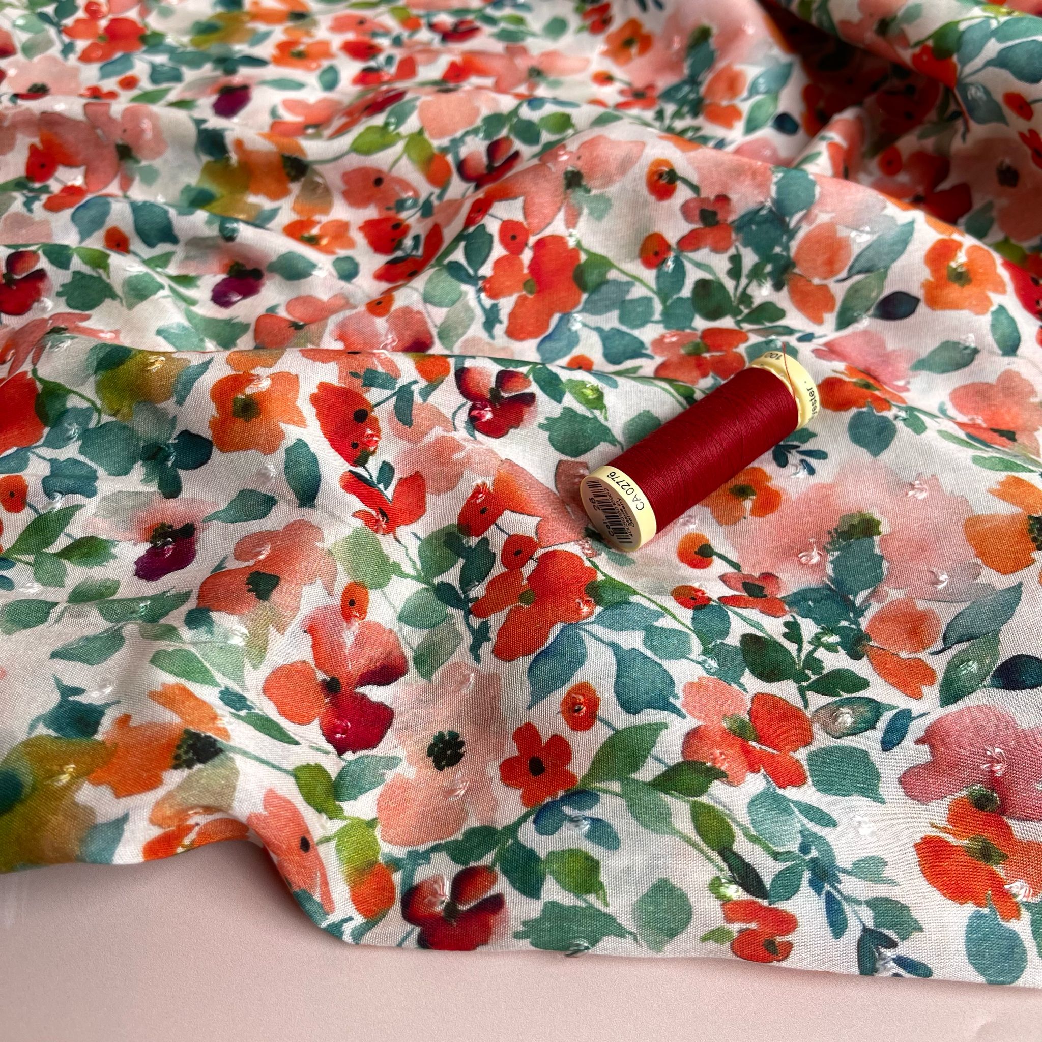 Poppy Field Blossoms on White Dobby Viscose Fabric