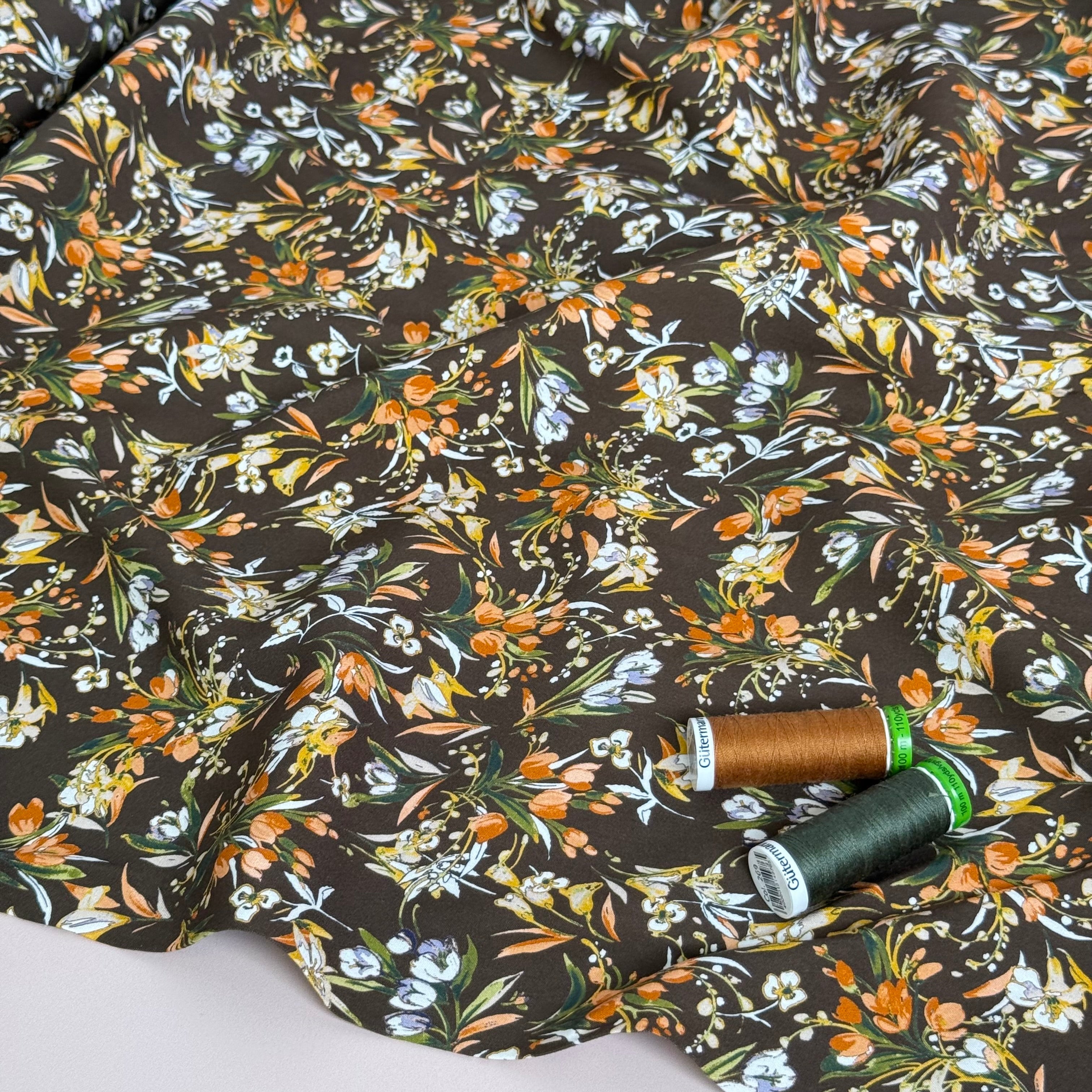 Tulip Bouquet on Brown Viscose Poplin Fabric