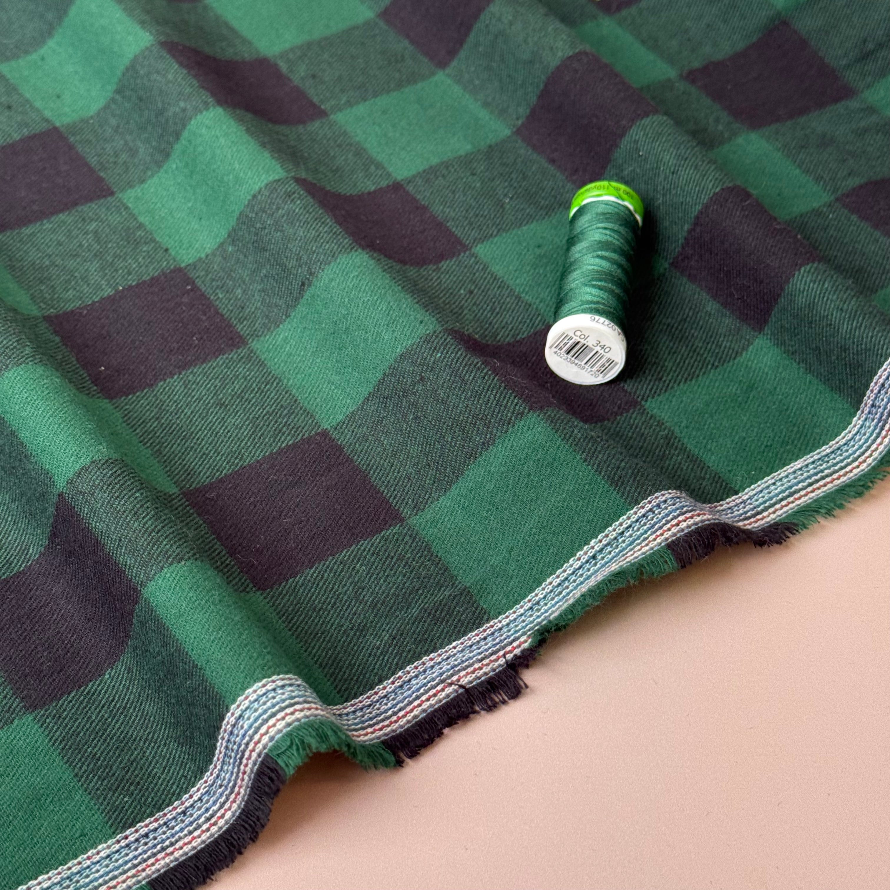 Gingham Black & Green Brushed Cotton Flannel