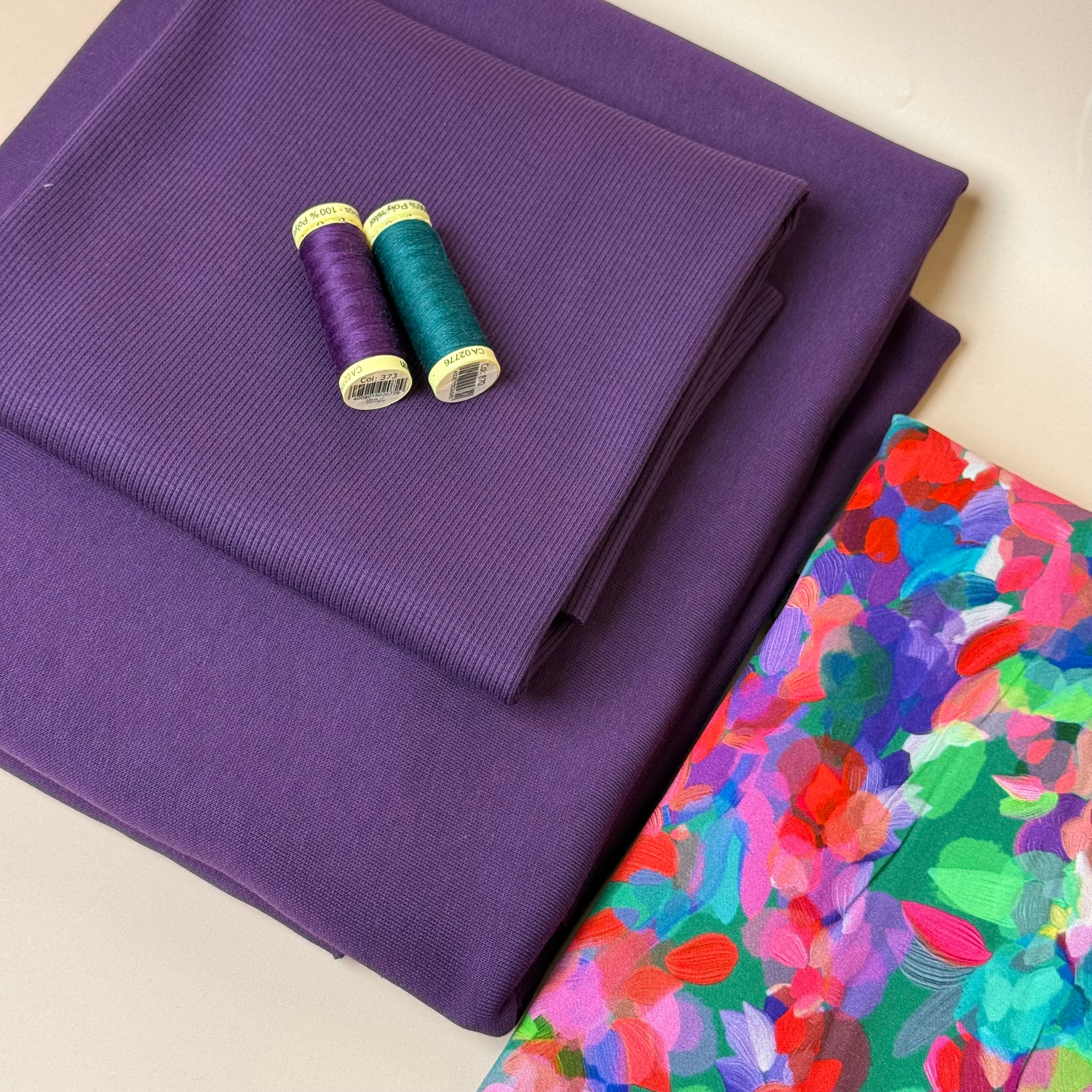Make an Outfit Colour Bundle - Lupine Petals Viscose & Brushed Sweatshirt in Plum with Ribbing