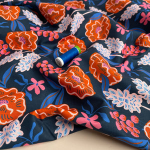 REMNANT 0.92 Metre - Nerida Hansen - Fresh Flowers on Navy Cotton Poplin Fabric