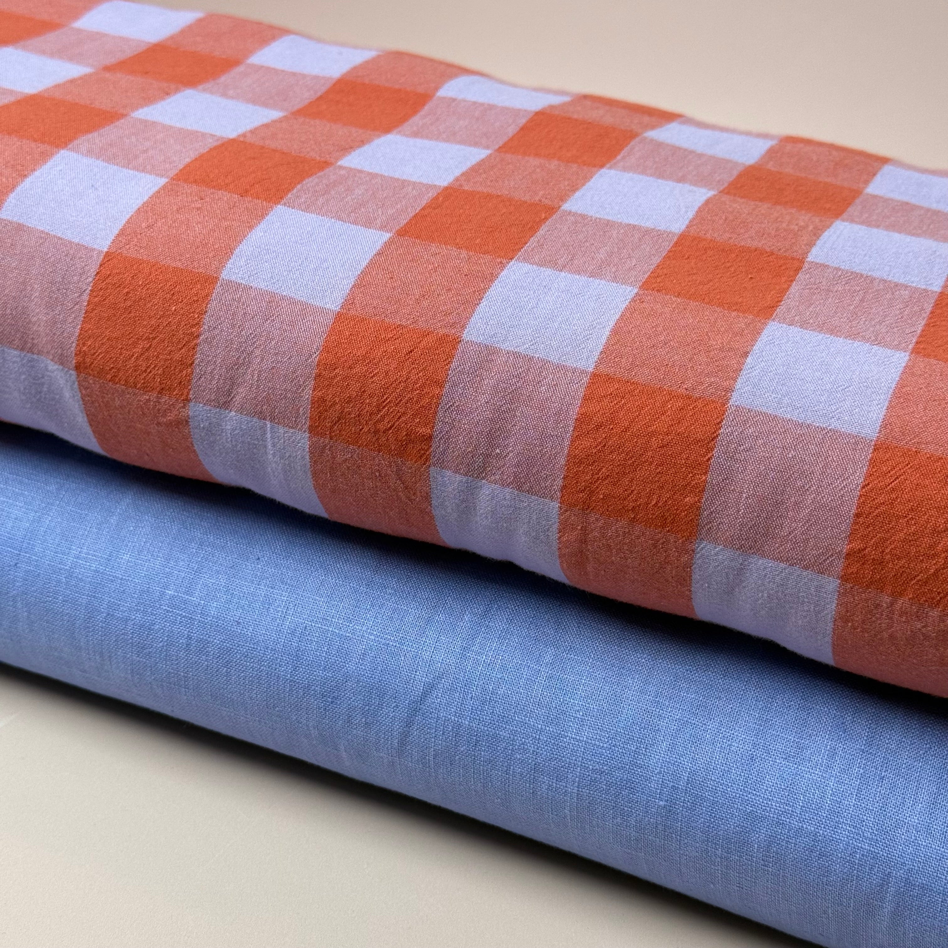 Yarn Dyed Washed Cotton Check Fabric in Orange and Lavender