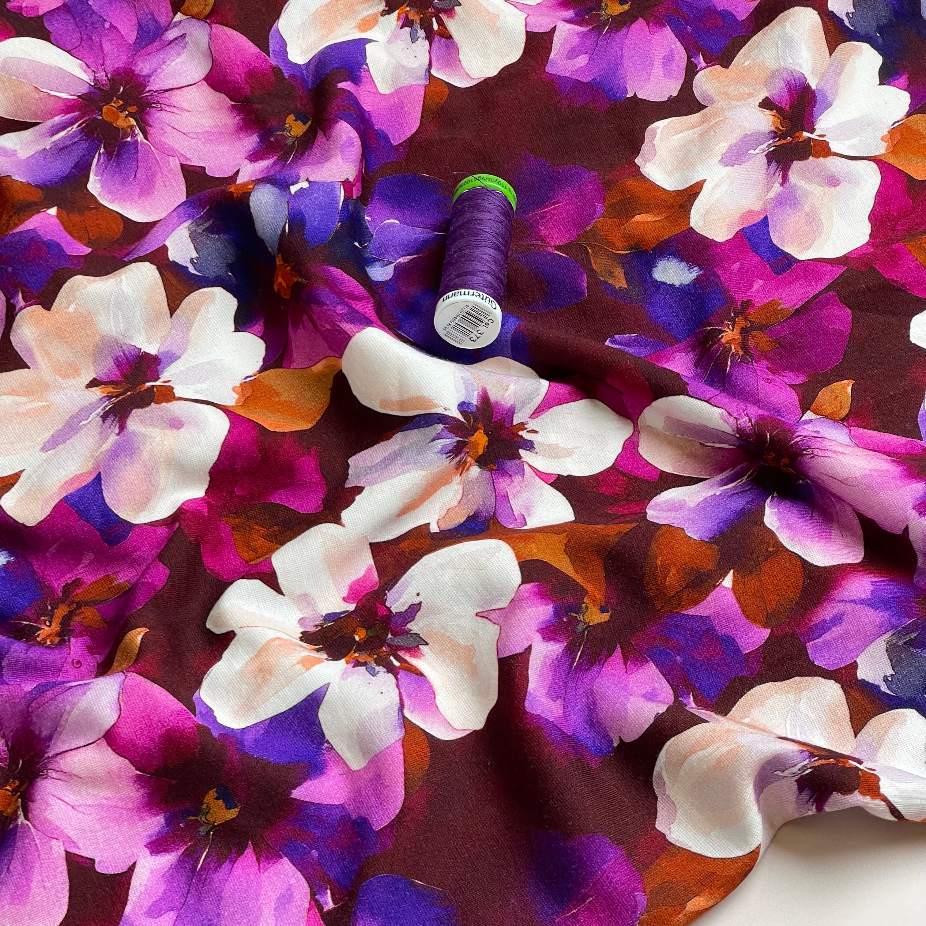 Purple Flowers on Burgundy Light Viscose Ponte Roma Fabric