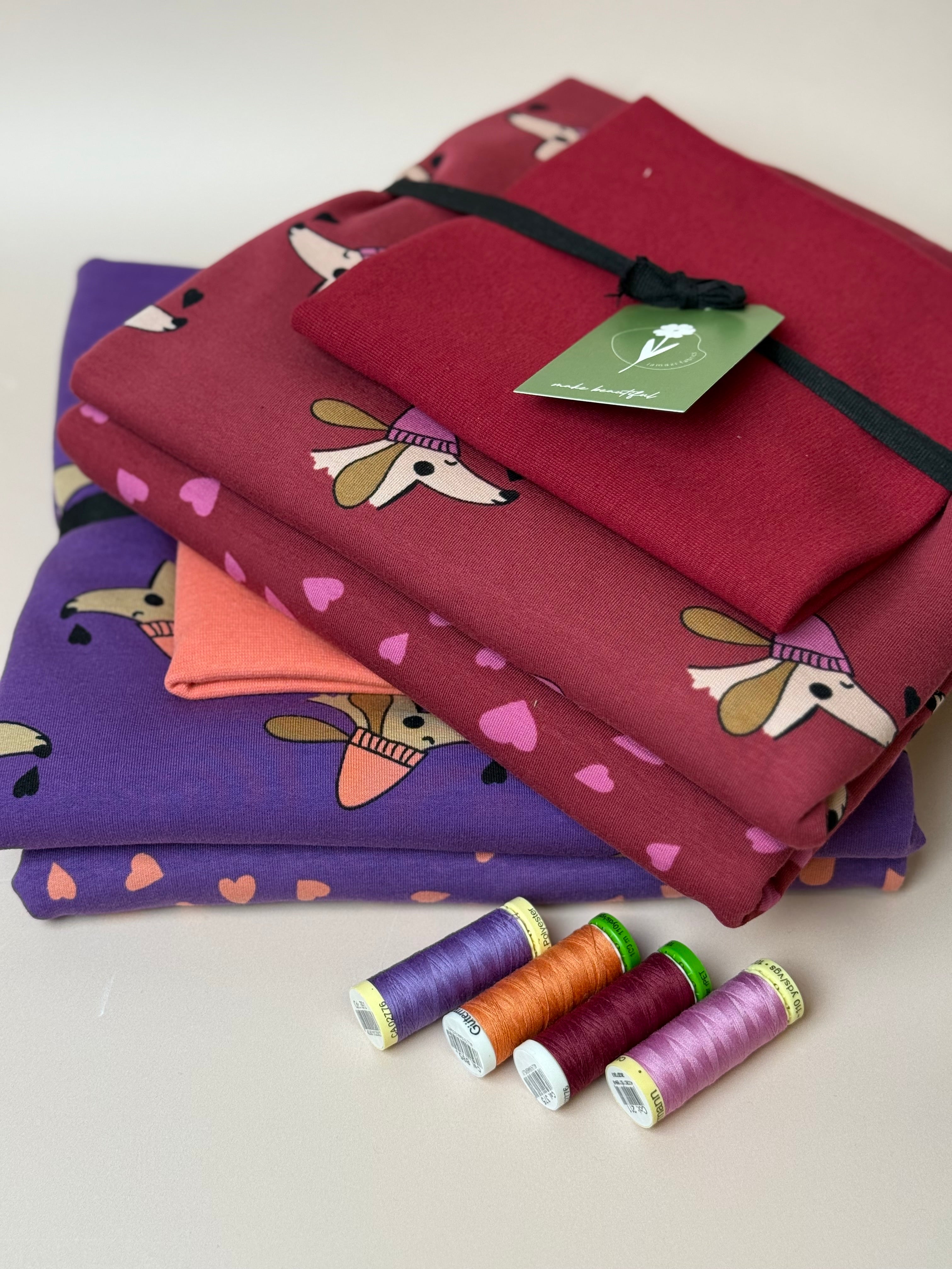 Make an Outfit Colour Bundle - Dogs and Heart Berry Cotton Sweat-shirting with Ribbing
