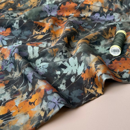 Hazy Autumn Flowers Dark Viscose Sateen Fabric