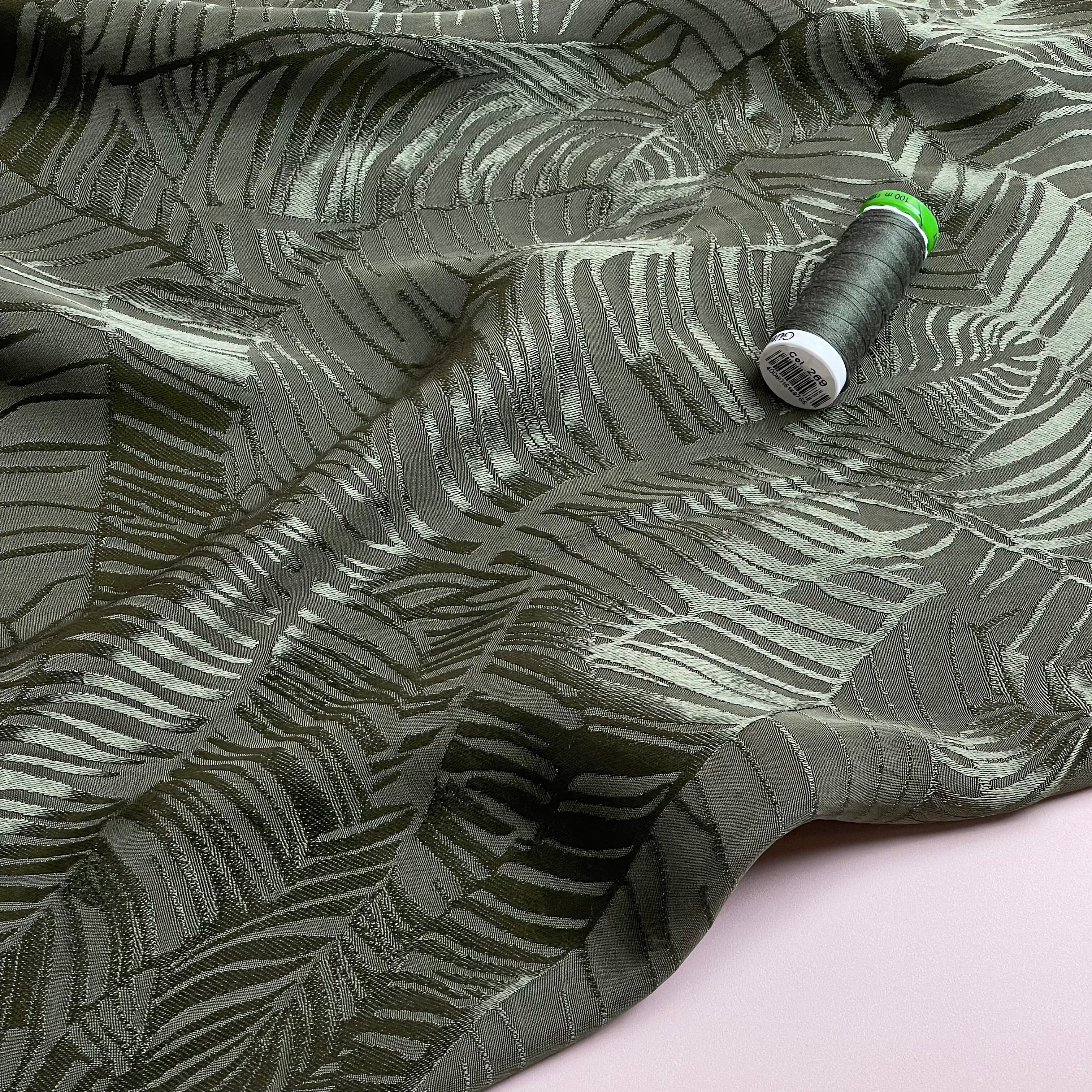 Leaves in Khaki Viscose Jacquard Sateen